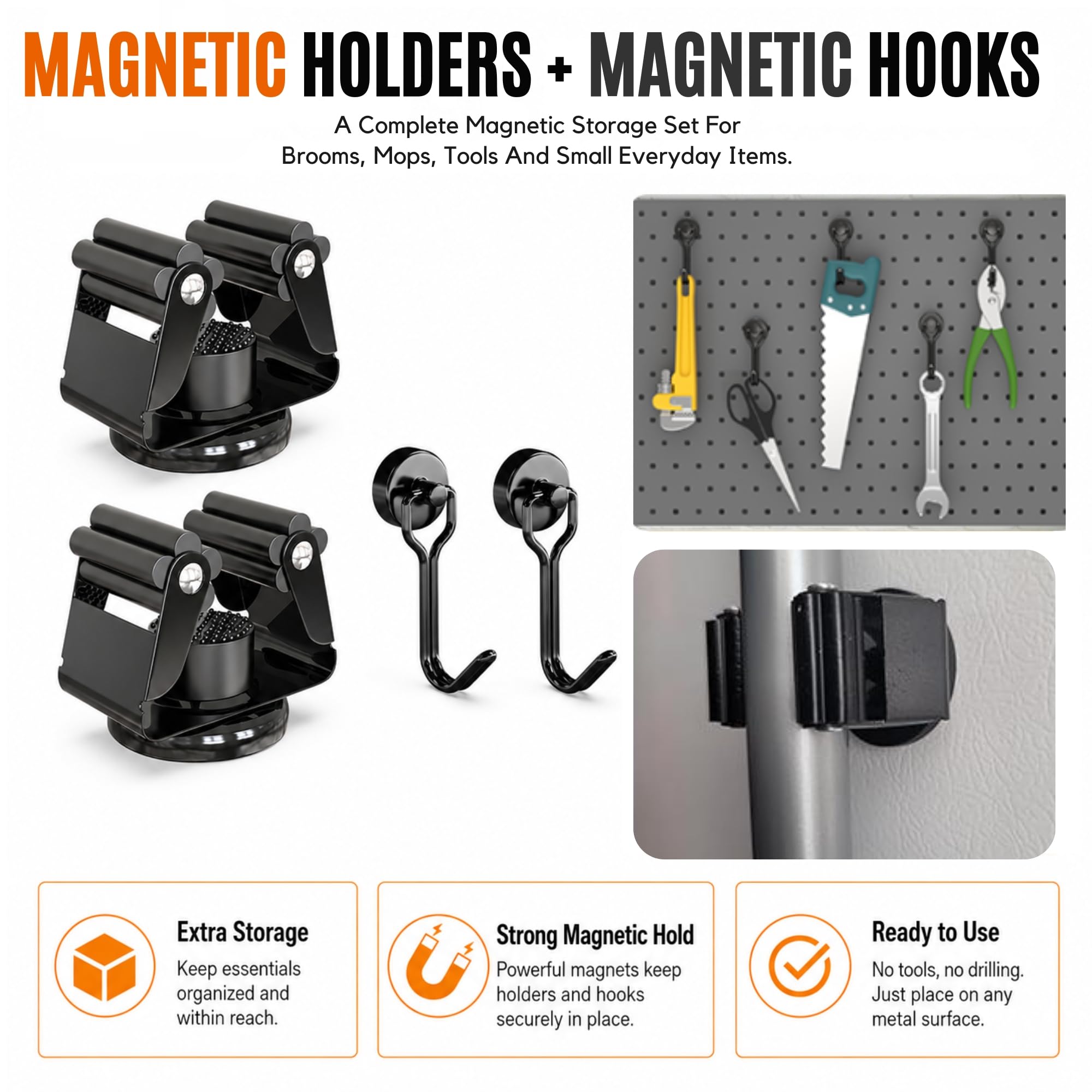 2 Pack Magnetic Broom Holder with 2 Pack Mini Magnetic Hooks (4 count)