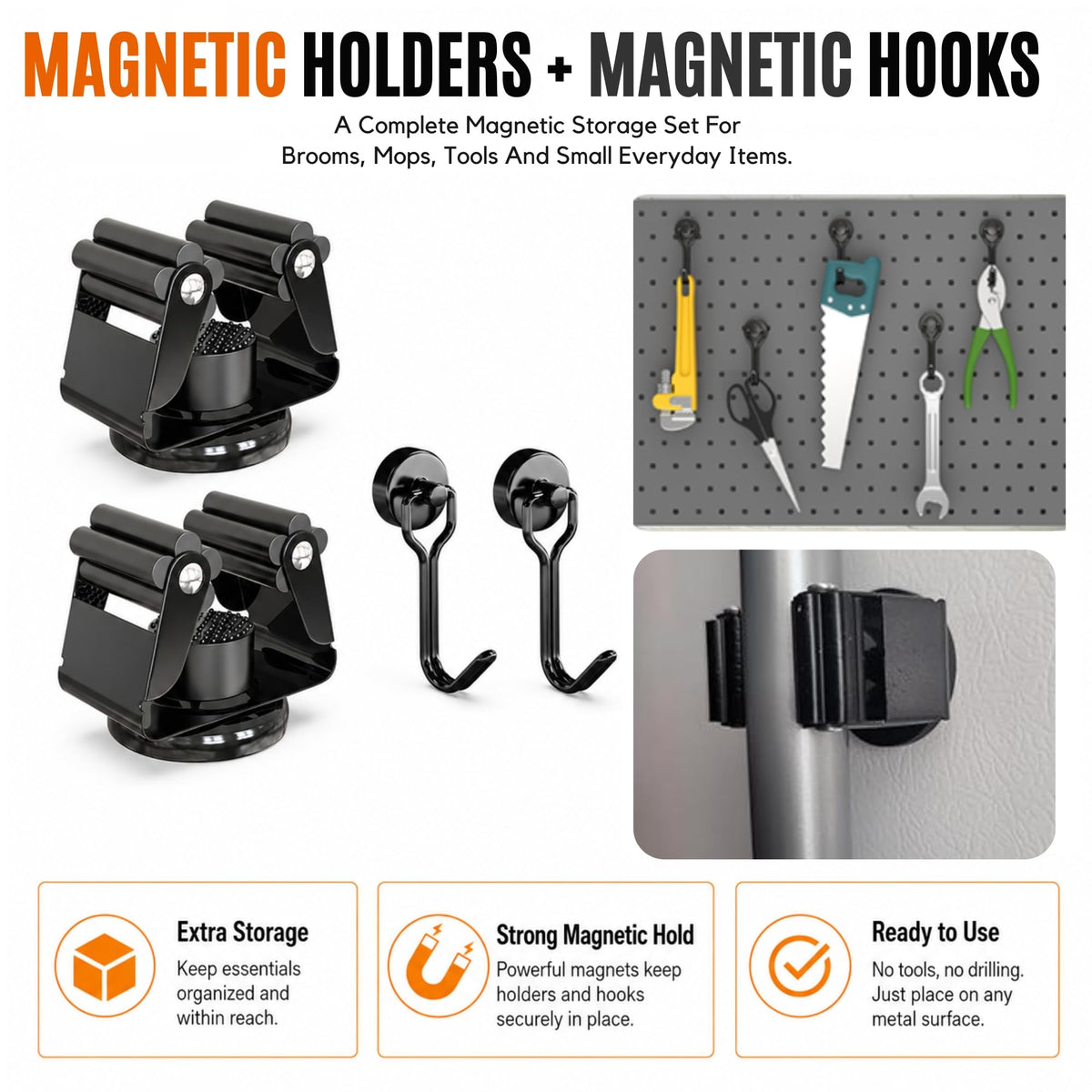 4 Pack Magnetic Broom Holder with 4 Pack Mini Magnetic Hooks (4 Count)
