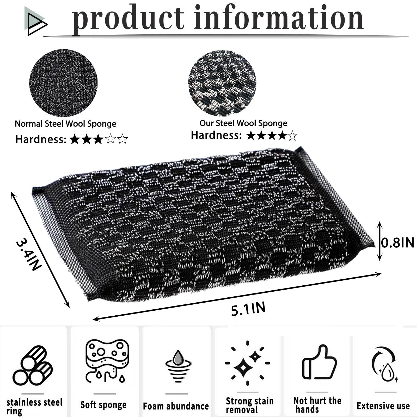 Steel Wool Scrubbers Dish Sponges Kitchen Scrubbing Pads Pot Scrubber for Kitchen Non Scratch (6 Count)