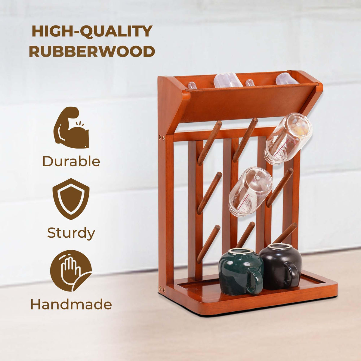 Brown Vertical Bottle Drying Rack Rubber Wood 9 Hooks