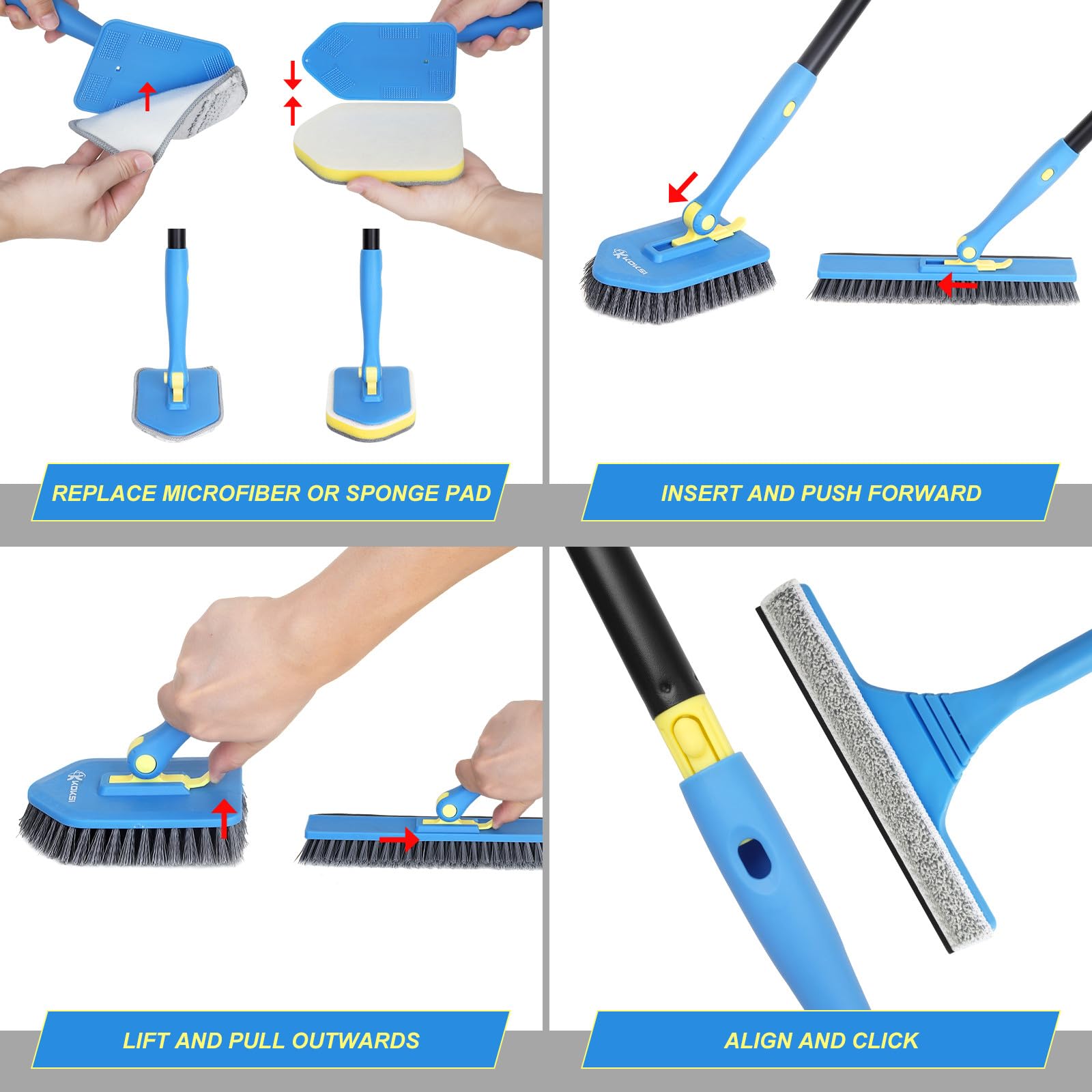 Tile Tub Scrubber Brush with 5 Different Function Cleaning Heads and 51" Extendable Long Handle Non Scratch Shower Scrubber for Cleaning Bathroom Kitchen Toilet Wall Bathtub (9 Count)