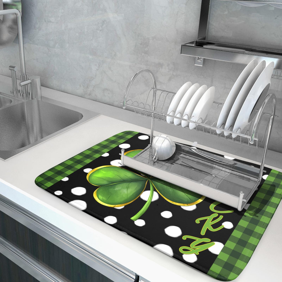 St. Patrick's Day Dish Drying Mats 18x24 Inch Green Clover Shamrock Lucky Kitchen Mat Polka Dot Microfiber Drying Mats Ultra Absorbent Reversible Dishes Drying Rack Pad for Kitchen Countertops