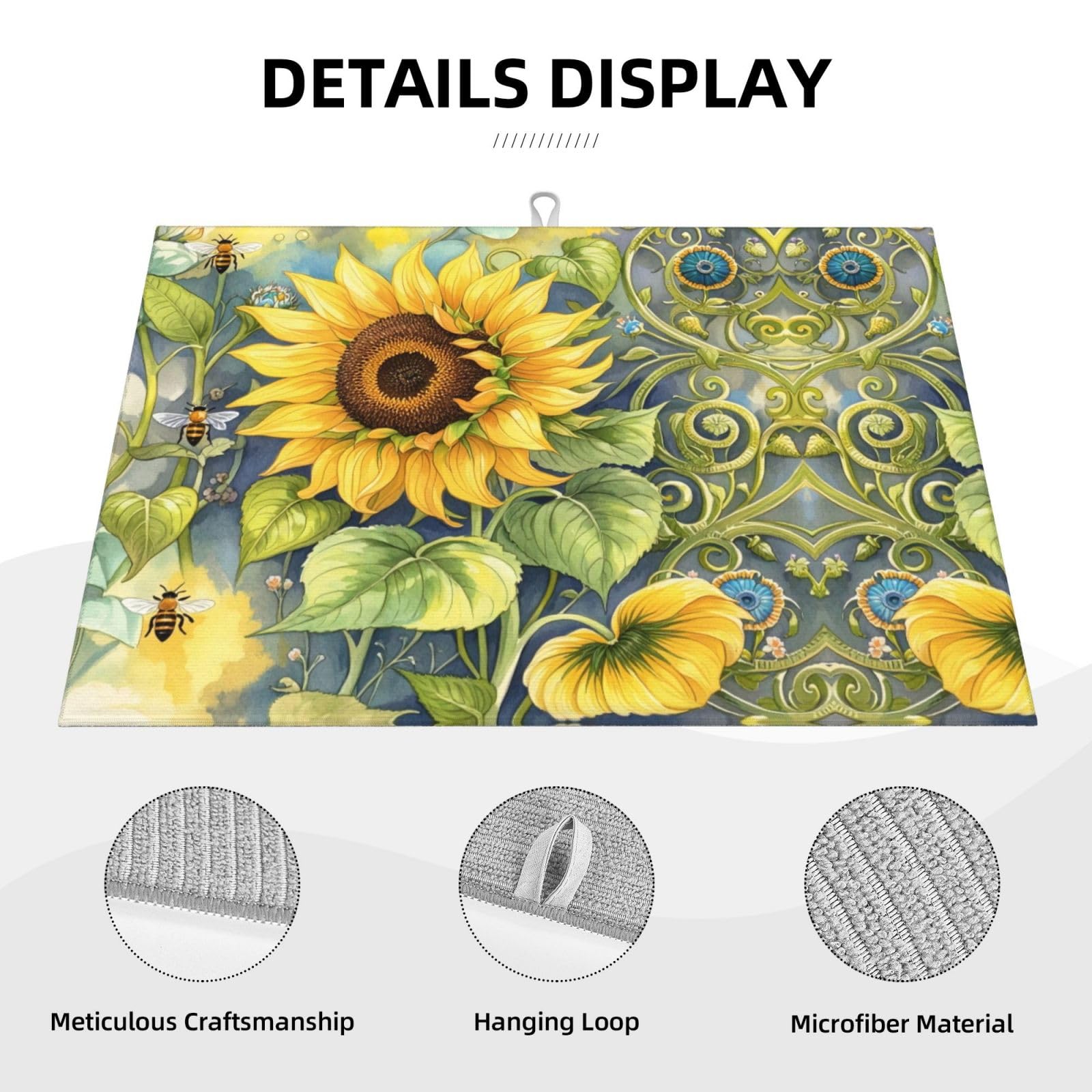 Sunflower Bee Dish Drying Mat Highly Absorbent Double