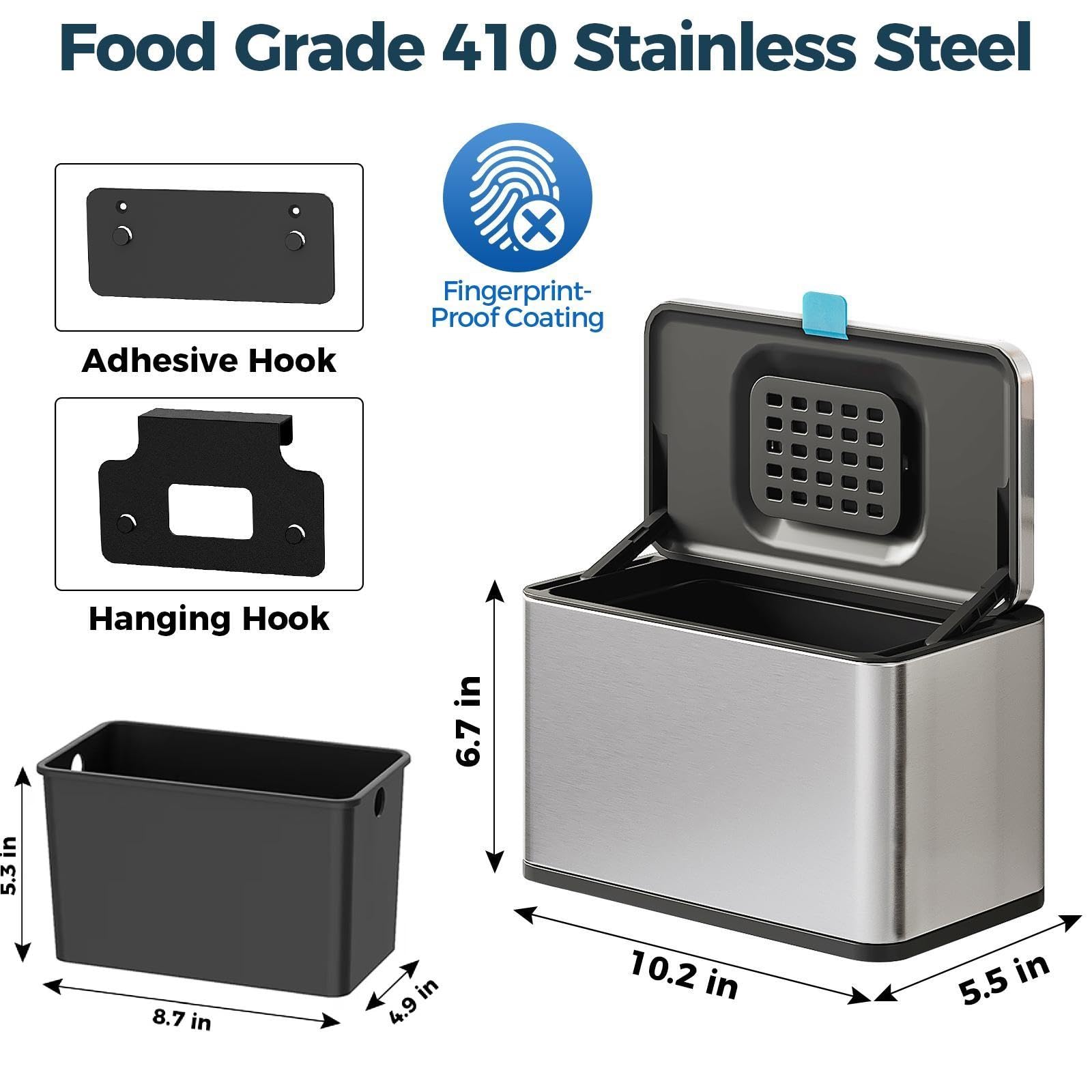 Stainless Steel Hanging Trash Can with Lid and Inner Bucket