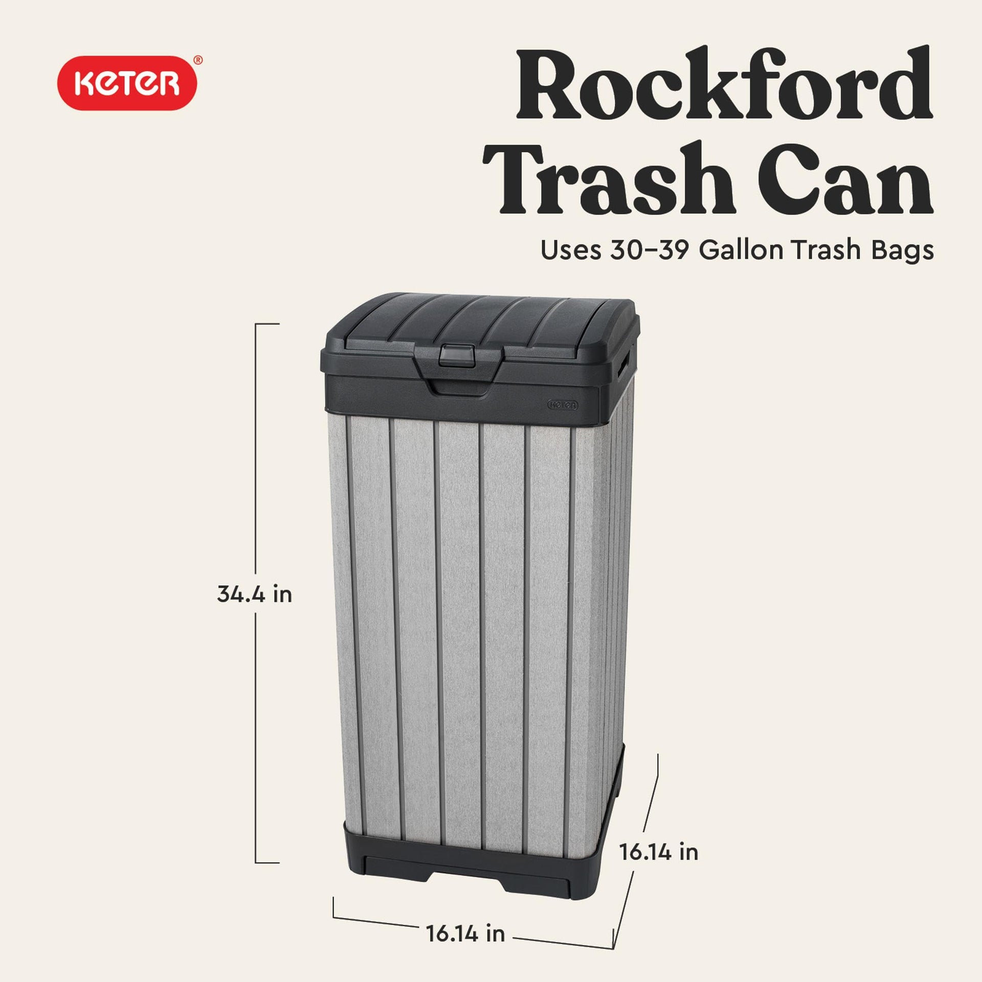 Rockford Resin 38 Gallon Outdoor Kitchen Trash Can with Lid and Drip Tray for Easy Cleaning