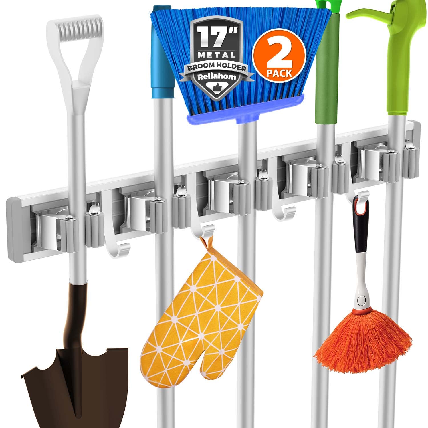 Broom Holder Wall Mount Mop Hanger Tools organizer 5Racks4Hooks