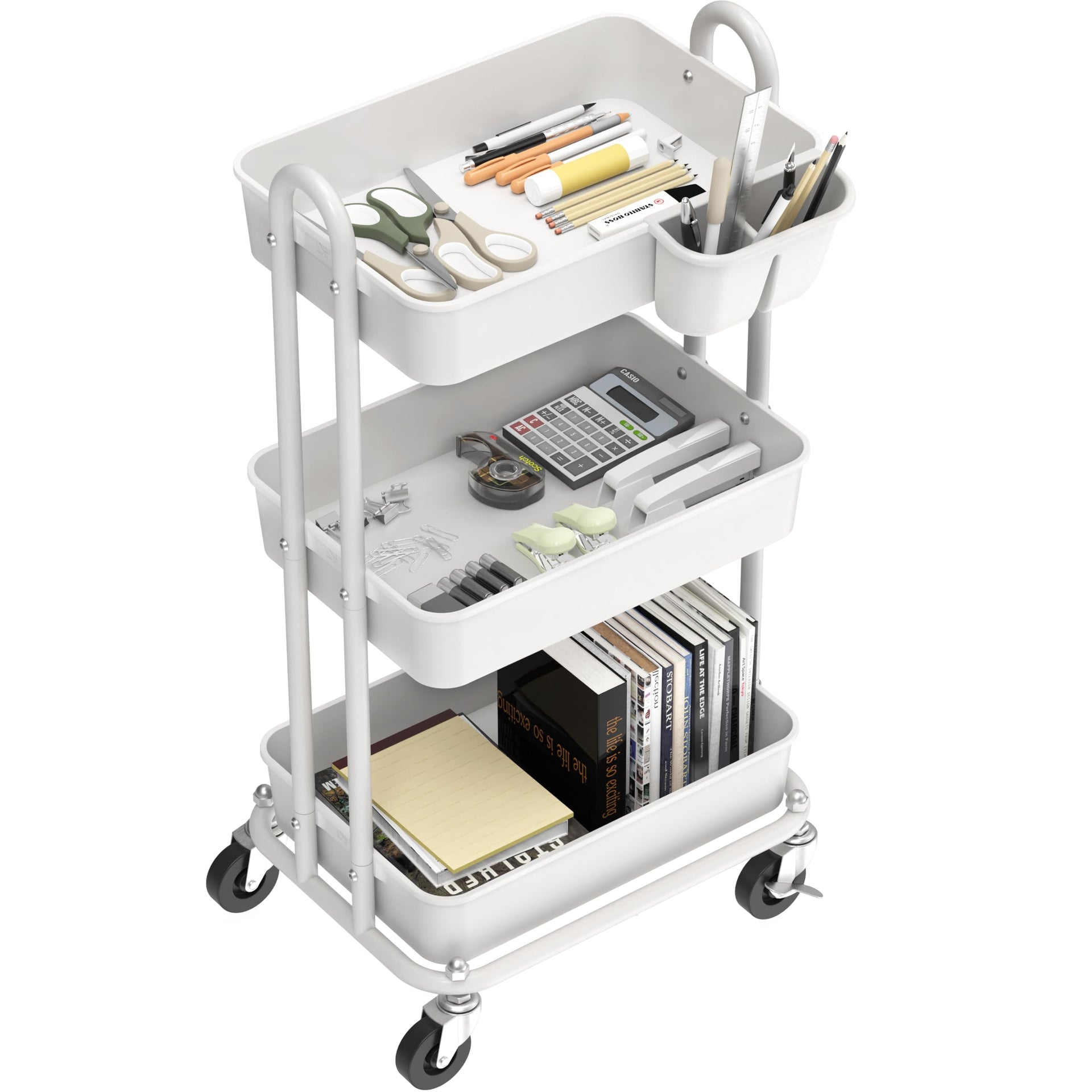3 Tier Rolling Utility Cart with Hanging Bucket