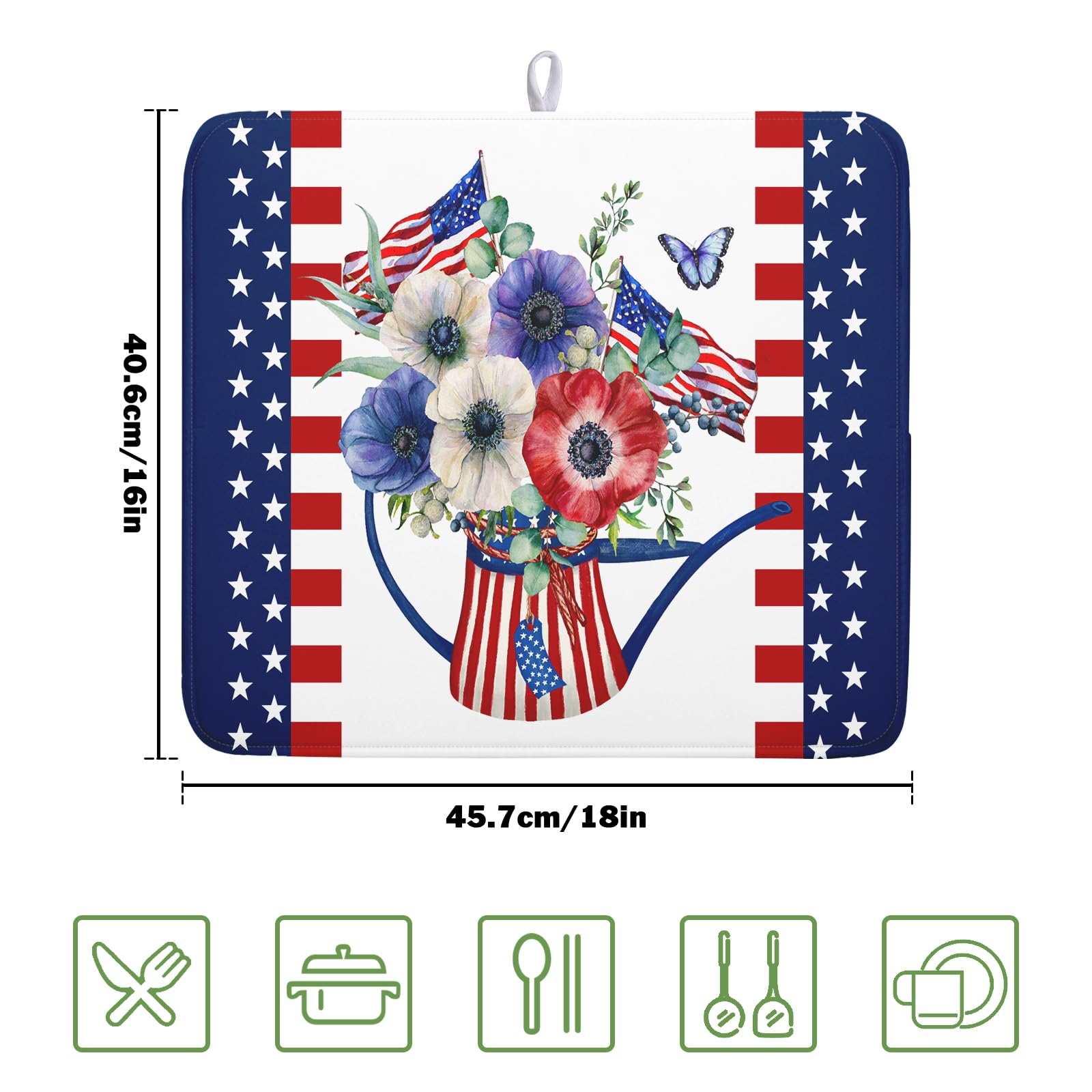 American Flag 4th of July Dish Drying Mats for Kitchen Counter Patriotic Flowers Dry Dishes Pads 16x18 Inch Microfiber Absorbent Independence Day Drainer Pad Tableware Mats Protector for Countertops