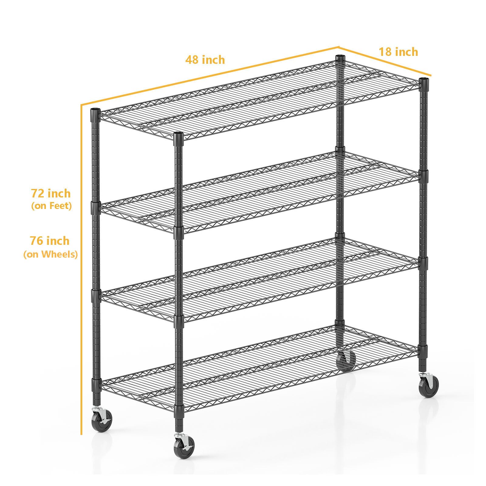 72" H Storage Shelves 4 Tier Metal Shelving Adjustable Wire Shelf with Wheels