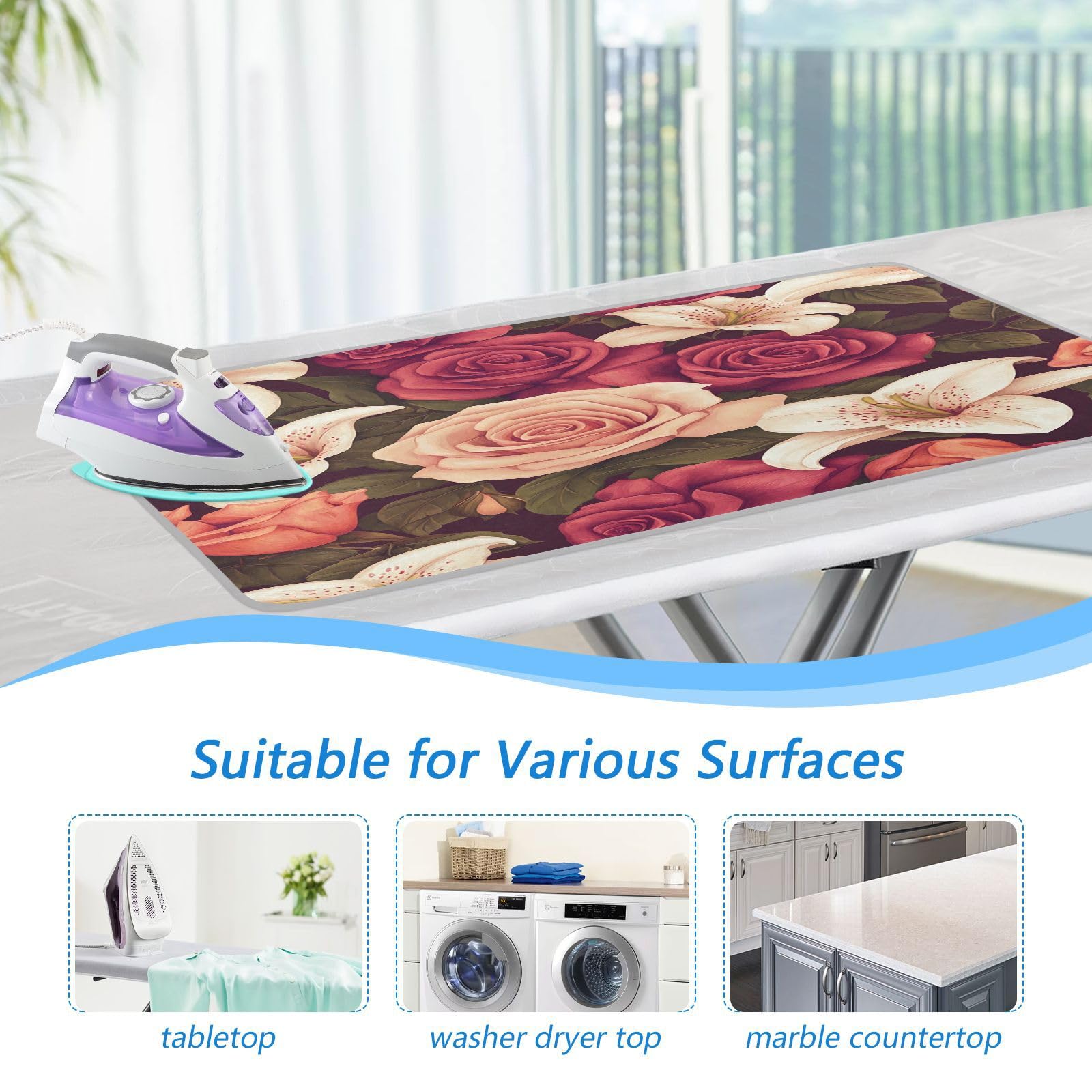 Roses and Lily Flowers Ironing Mat Thickened Ironing Blanket Travel Portable Double