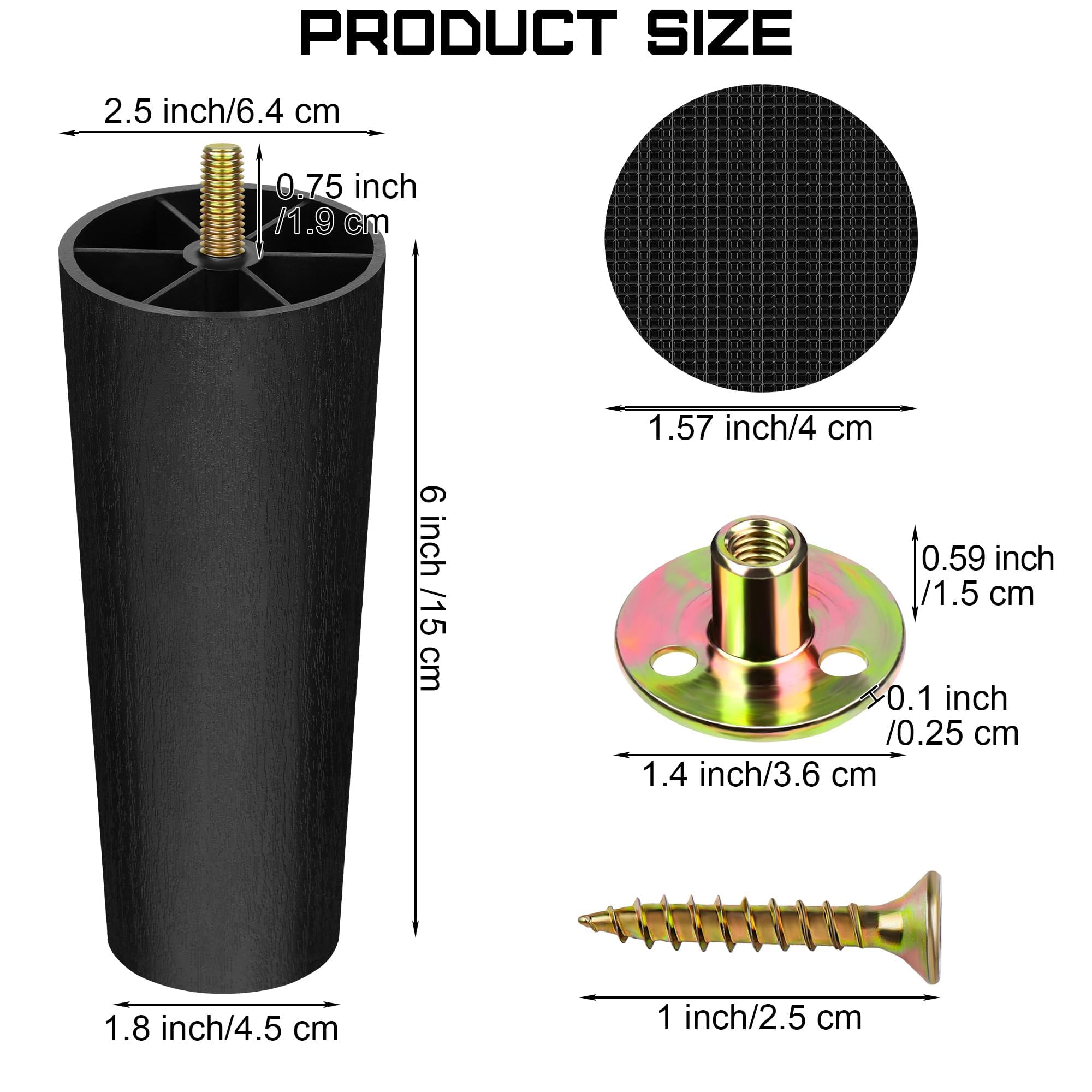 16 Pack 6 Inch Plastic Furniture Legs with M8 T (16 Count)