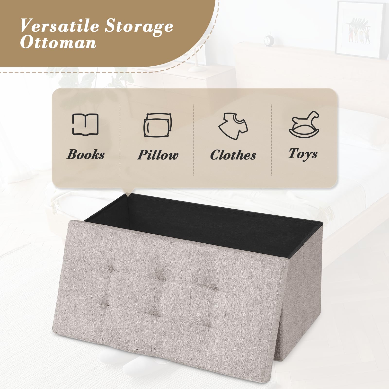 30" Storage Ottoman Bench Folding Bench with 90L Hidden Storage