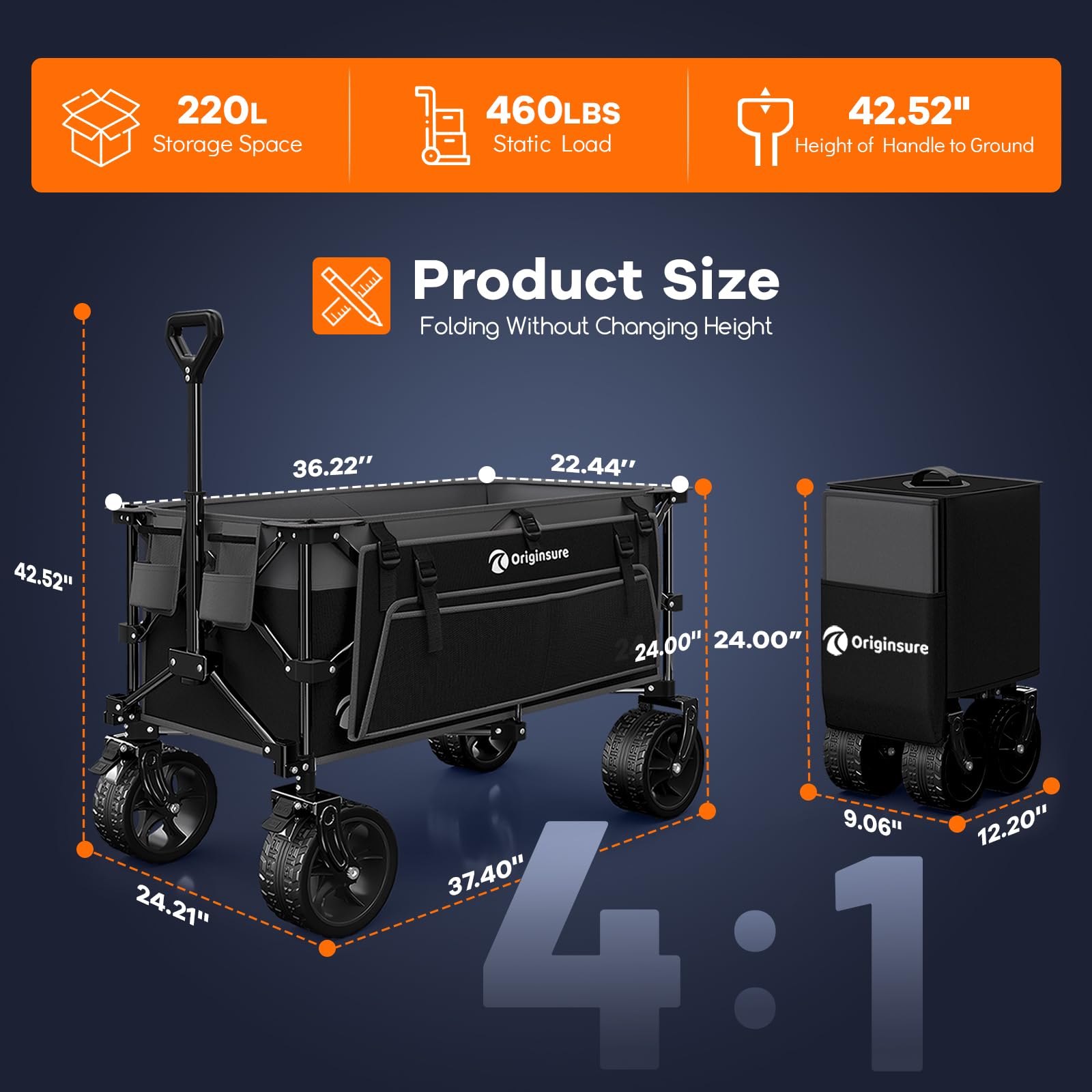 220L Foldable Beach Wagon Cart with Big Wheels