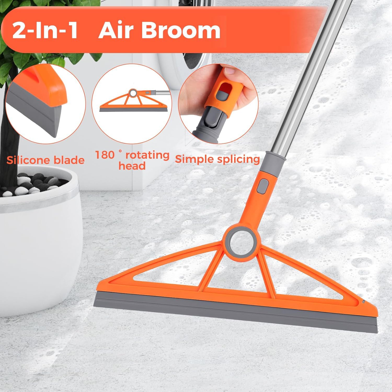 2-in-1 Air Broom, Silicone Rubber Broom with 54" Handle & 2 Strips