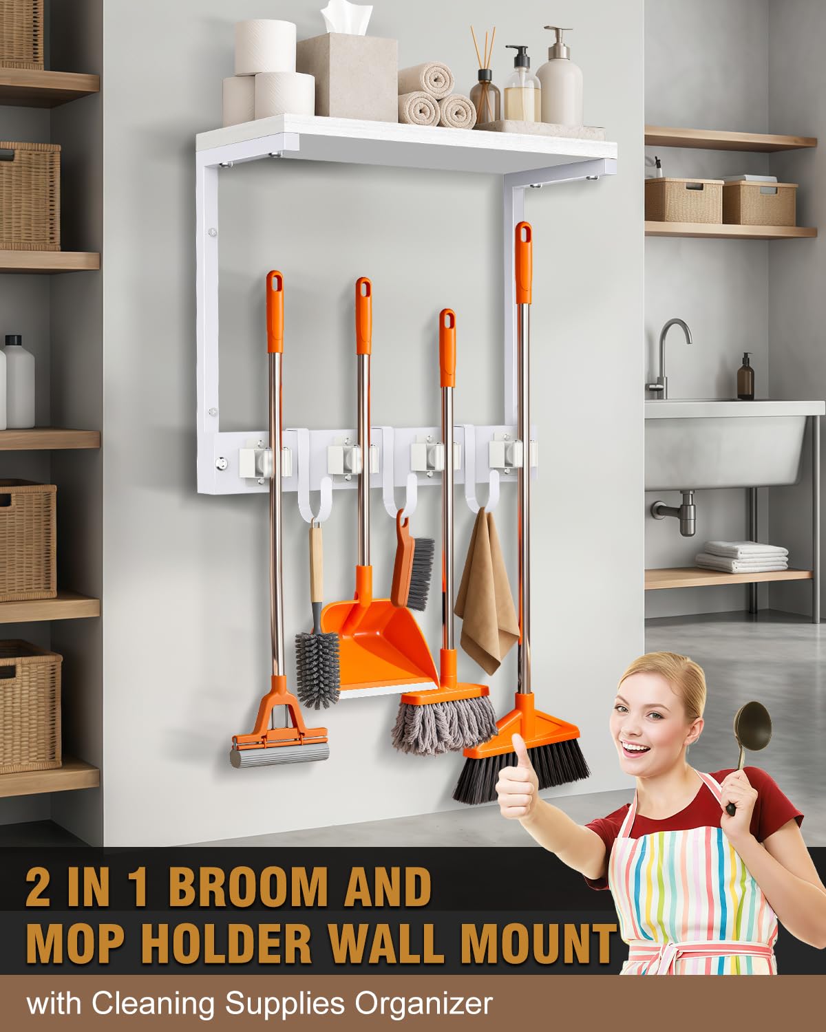 Small Broom Holder Wall Mount with Shelf