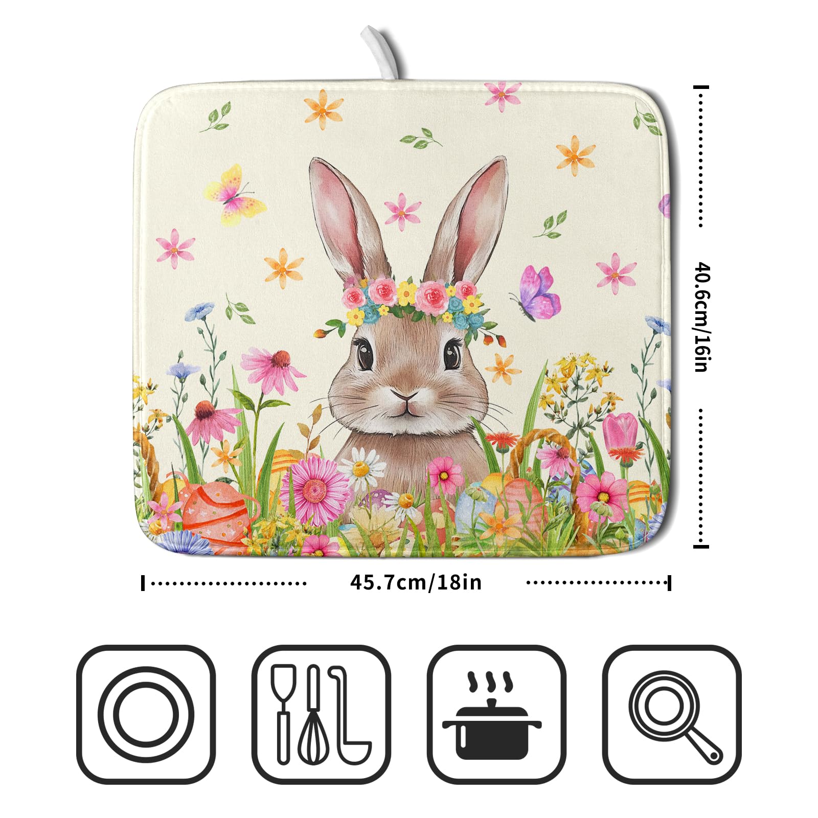 Easter Dish Drying Mat for Kitchen Counter Spring Easter Holiday Dish Drying Mat 16X18 Inch Reversible Absorbent Dish Pad Spring Wildflowers Dishes Drainer Pad Dish Drying Rack Mat for Countertop