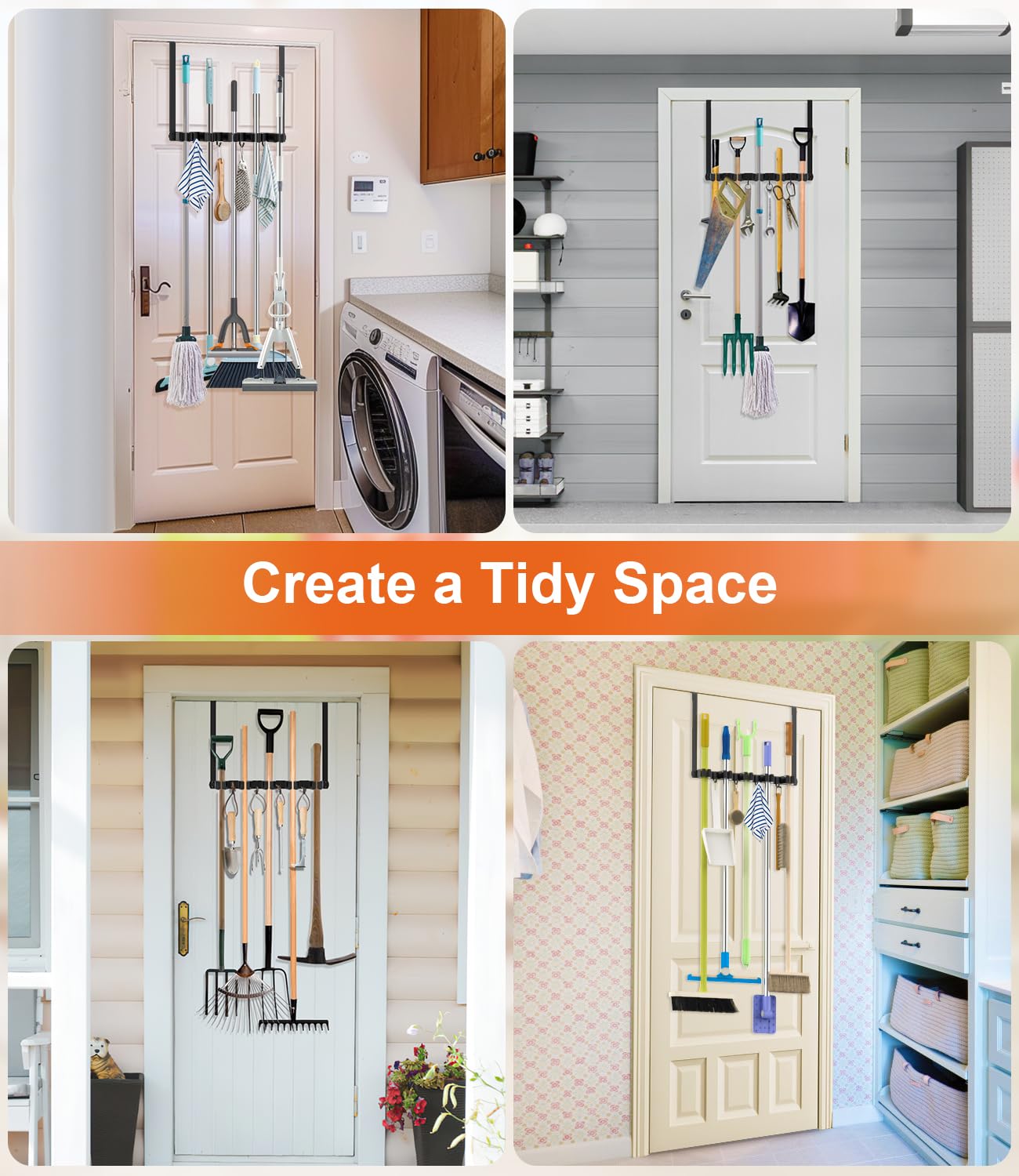 Broom Holder Over The Door with 4 Over Door Hook