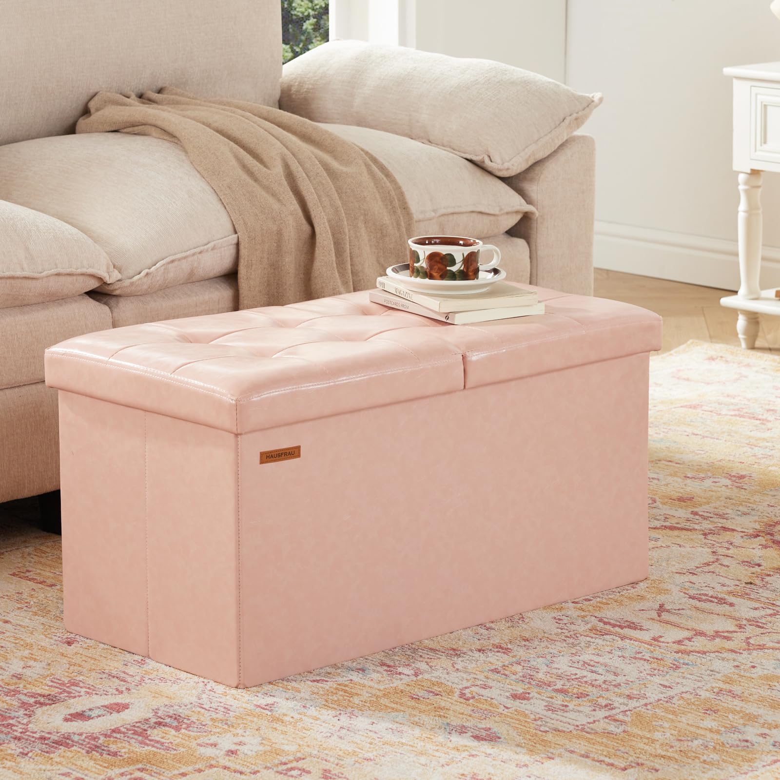 Ottoman with Storage Bench Folding Foot Rest Stool Pale Pink