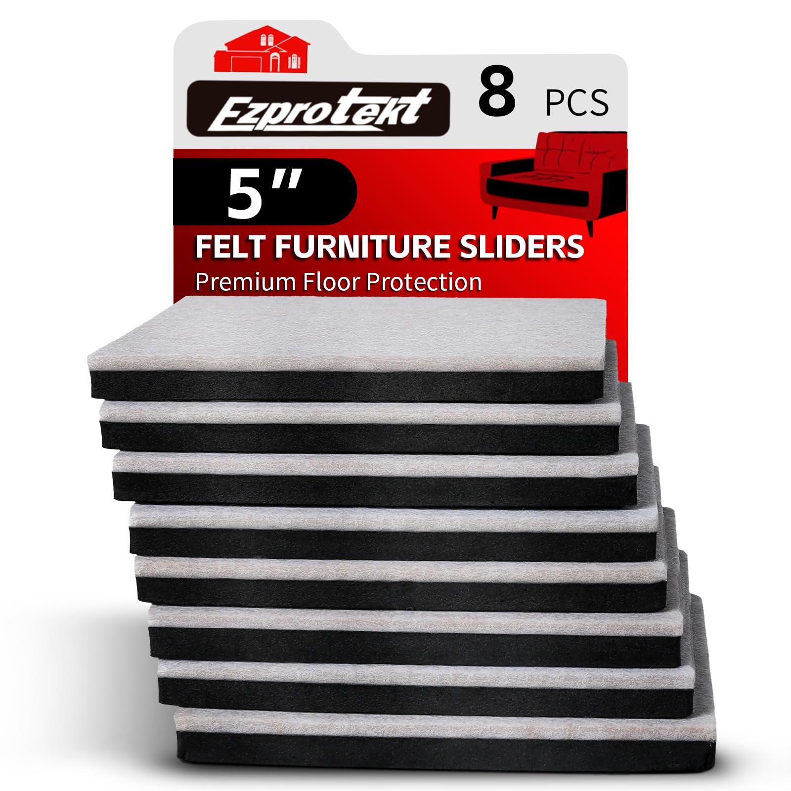 5" Square Felt Furniture Movers Sliders for Hardwood Floors (8 Count)