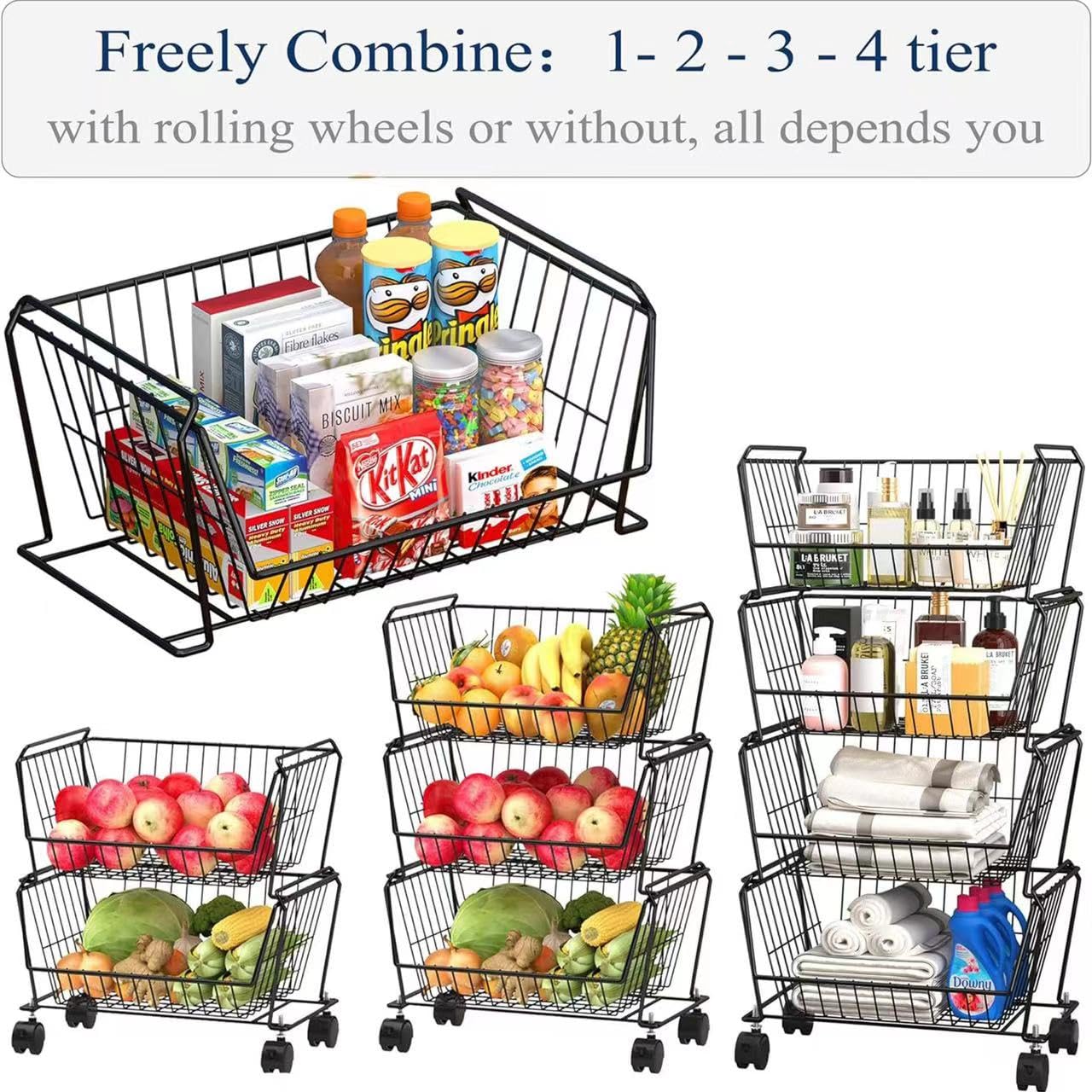 4 Tier Spacious Stackable Wire Storage Baskets with Wheels