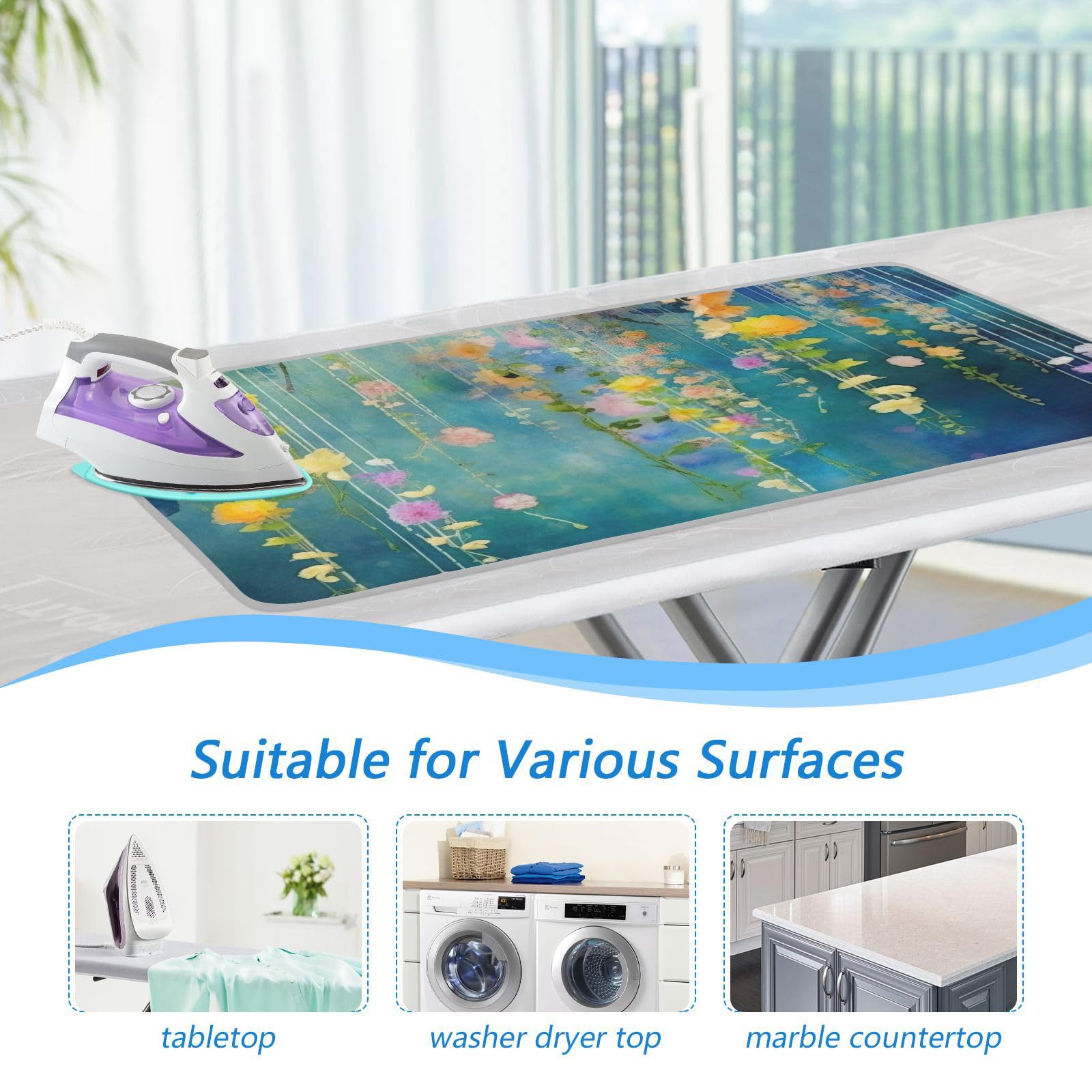 Watercolor Fowers Ironing Blanket Thick Portable Ironing Pad Travel Ironing Mat with Silicone Pad Heat Resistant Ironing Board Cover for Table Top