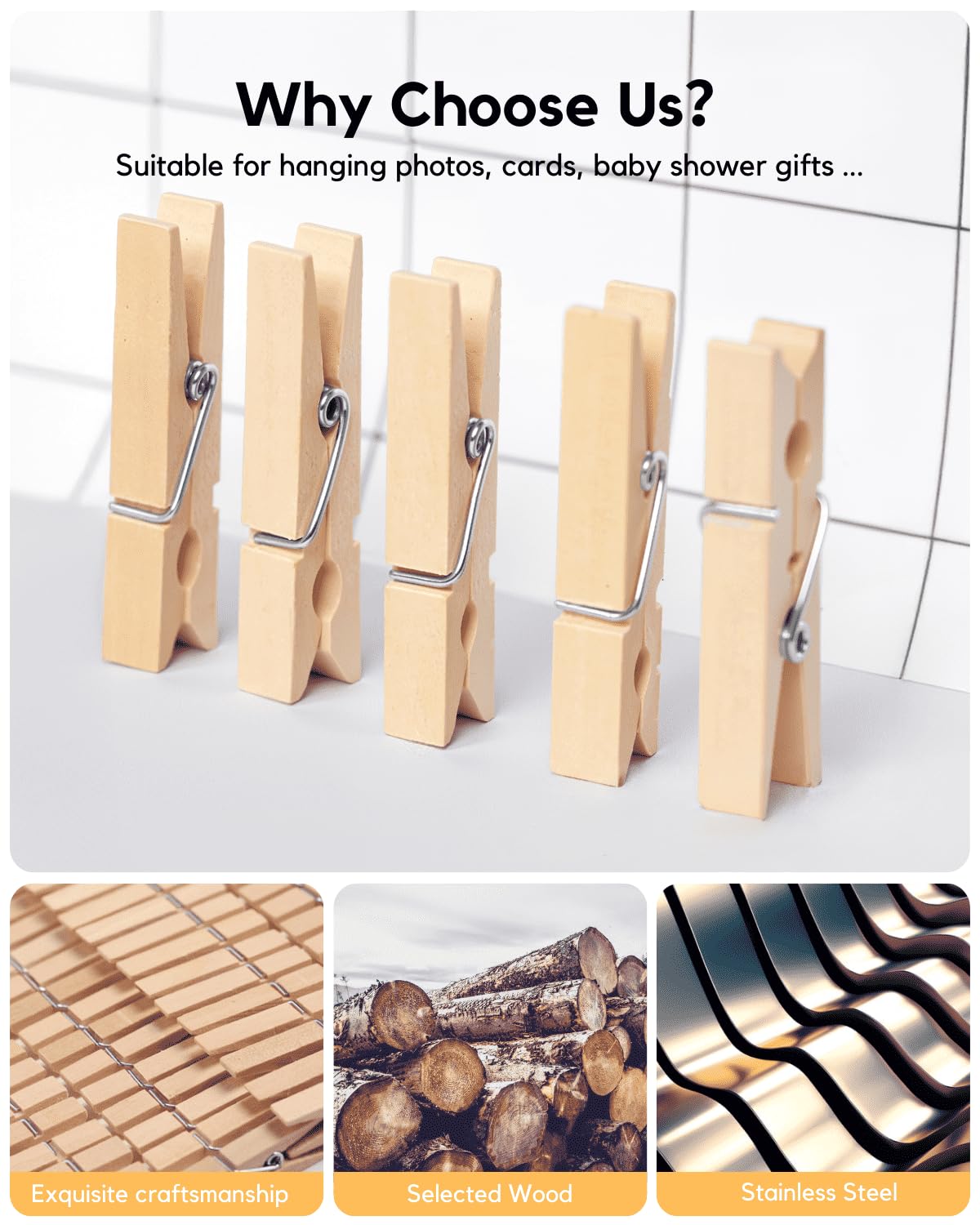 Clothes Pins Wooden Clothespins for Photo 1.77 Inch 50 PCS