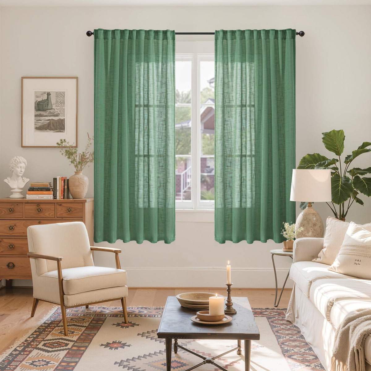 Green Linen Semi Sheer Curtains 63 Inch Length (2 Count)