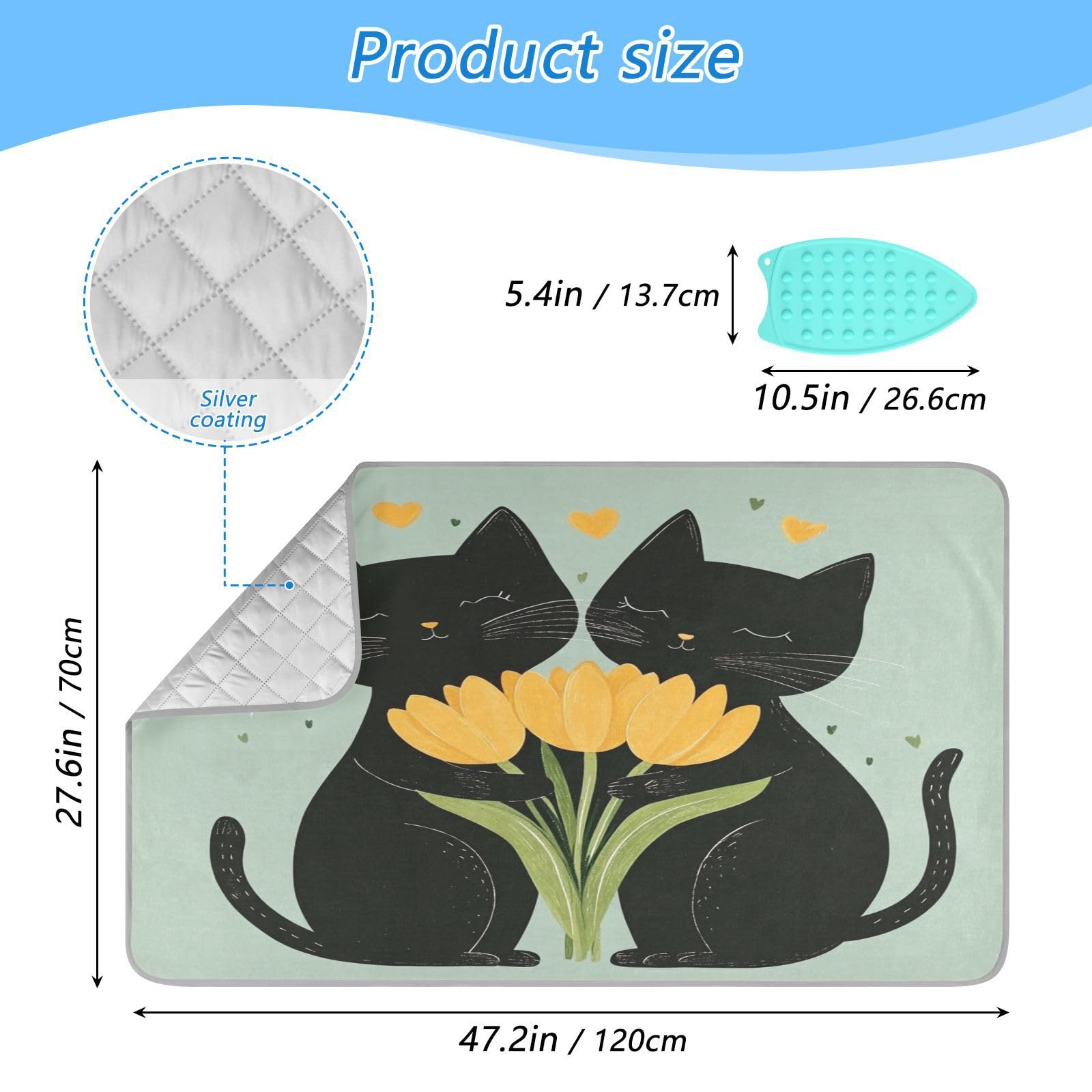 Black Cats Tulips Green Ironing Mat Thickened Ironing Blanket Travel Portable Double