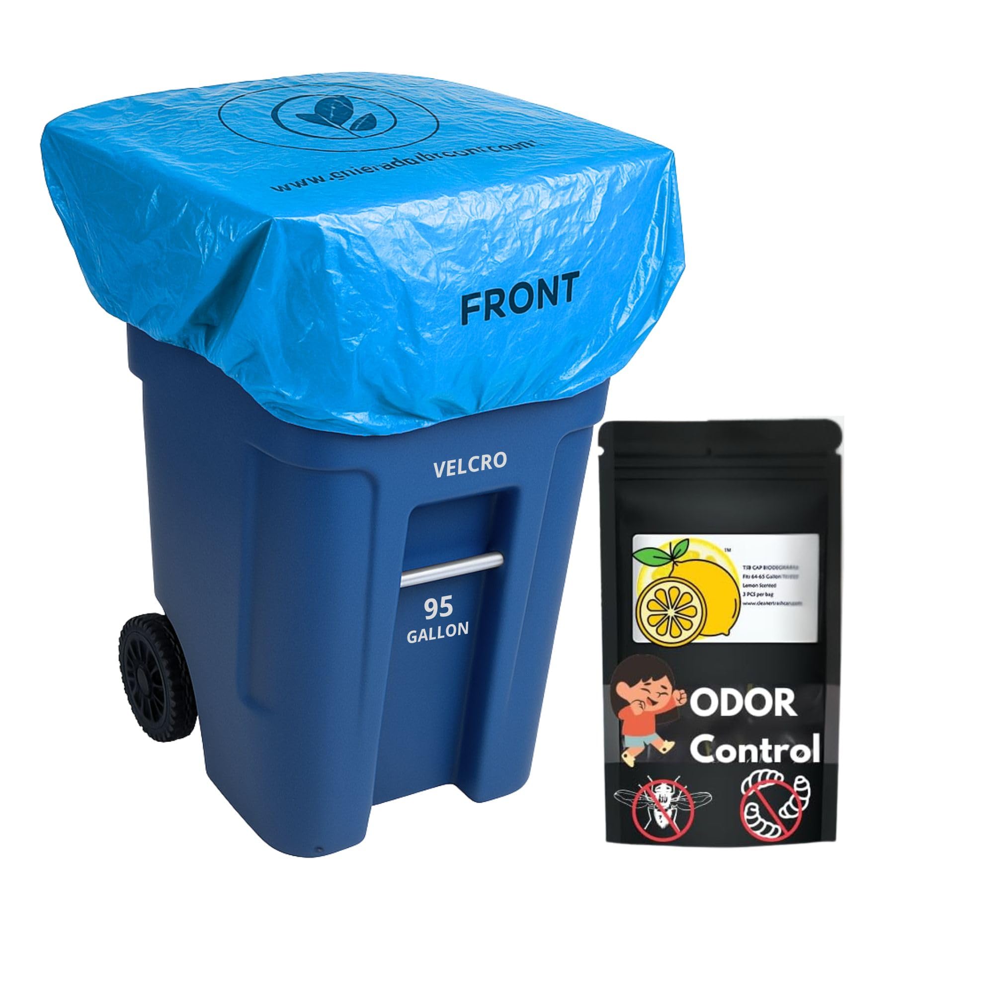 Trash Can Smell Eliminator Cover Odor Eliminating Bag with Optional Straps Lemon Scented Durable Chemical Free 95 Gallon 2 Pack (2 Count)