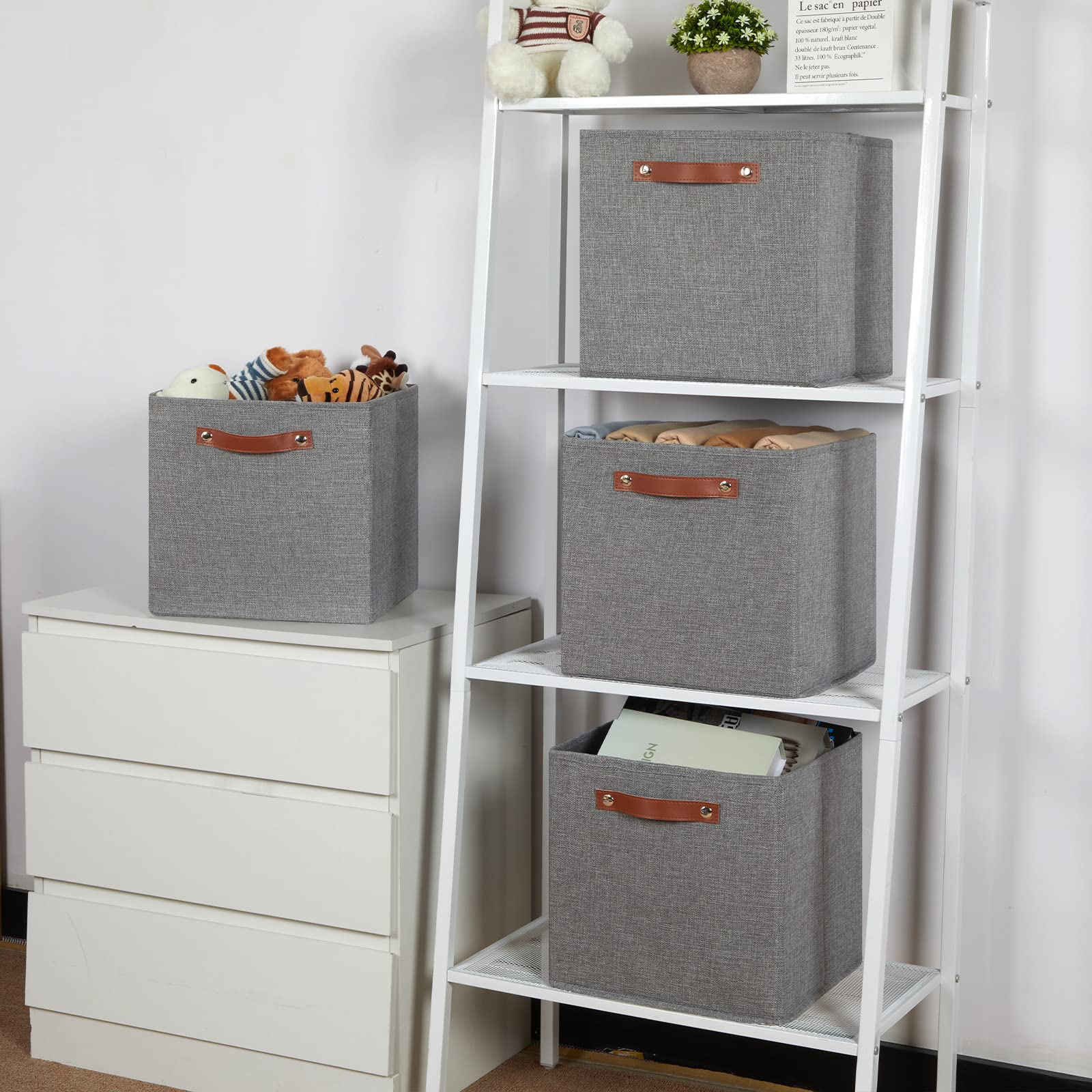 12x12 Storage Cube Bins 4 Pack Fabric Storage Cubes Storage Bins with Leather Handles