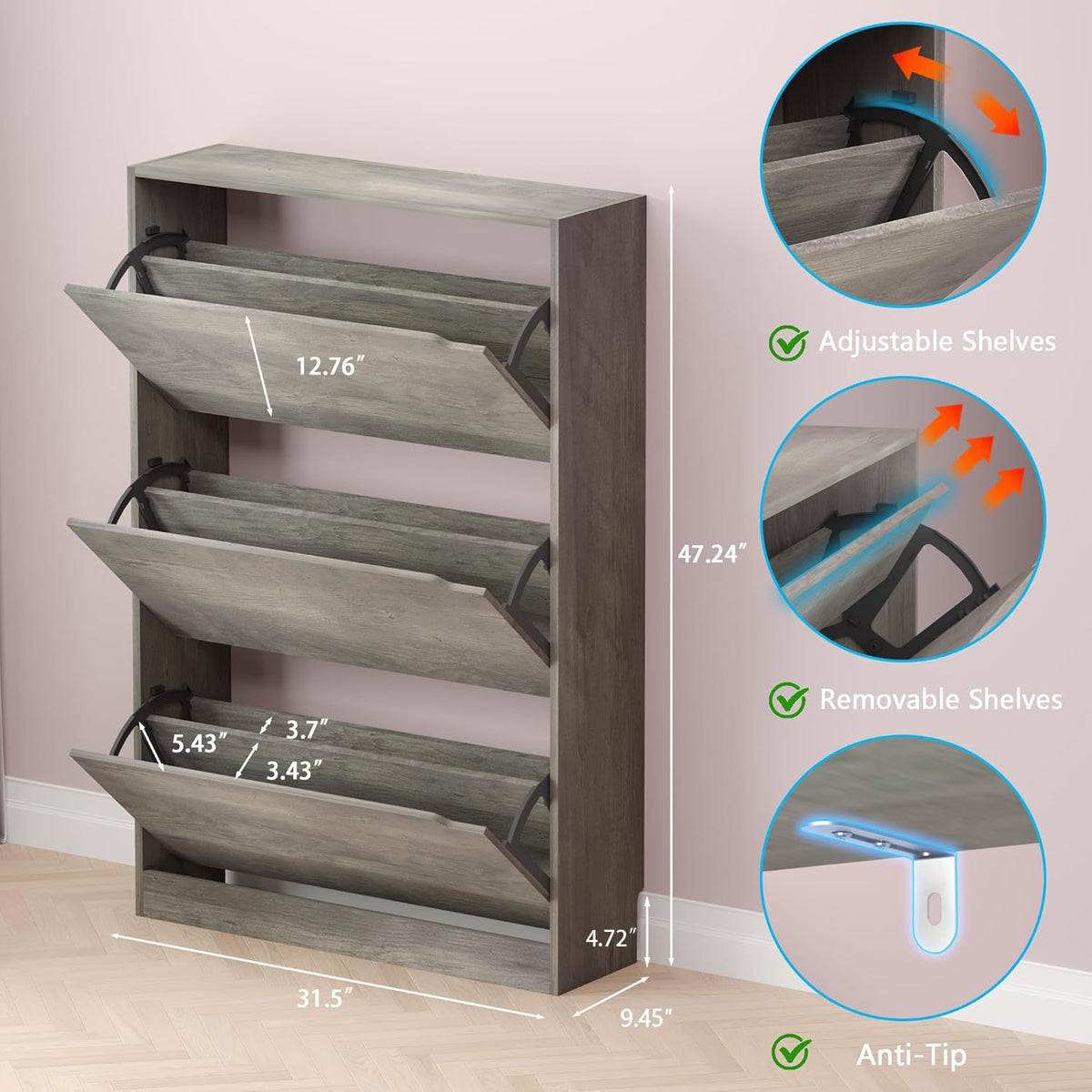 Shoe Cabinet with 3 Flip Drawers