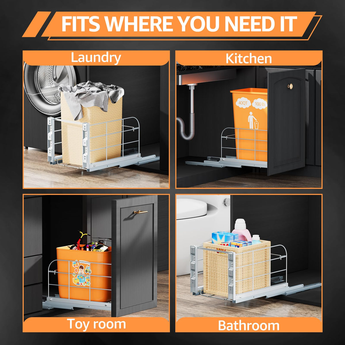 Pull Out Trash Can Under Cabinet for 40 Qt Bin