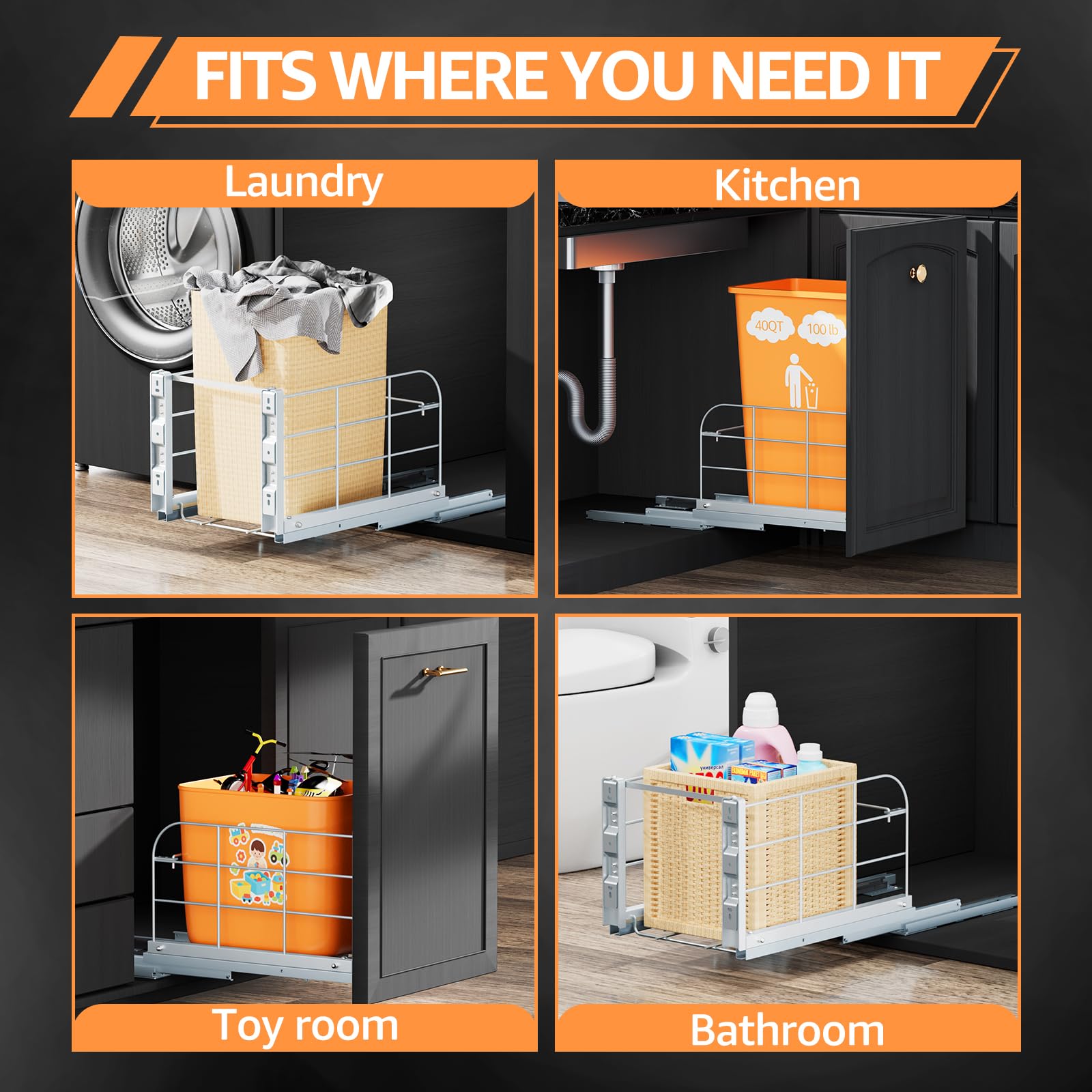 Pull Out Trash Can Under Cabinet for 40 Qt Bin