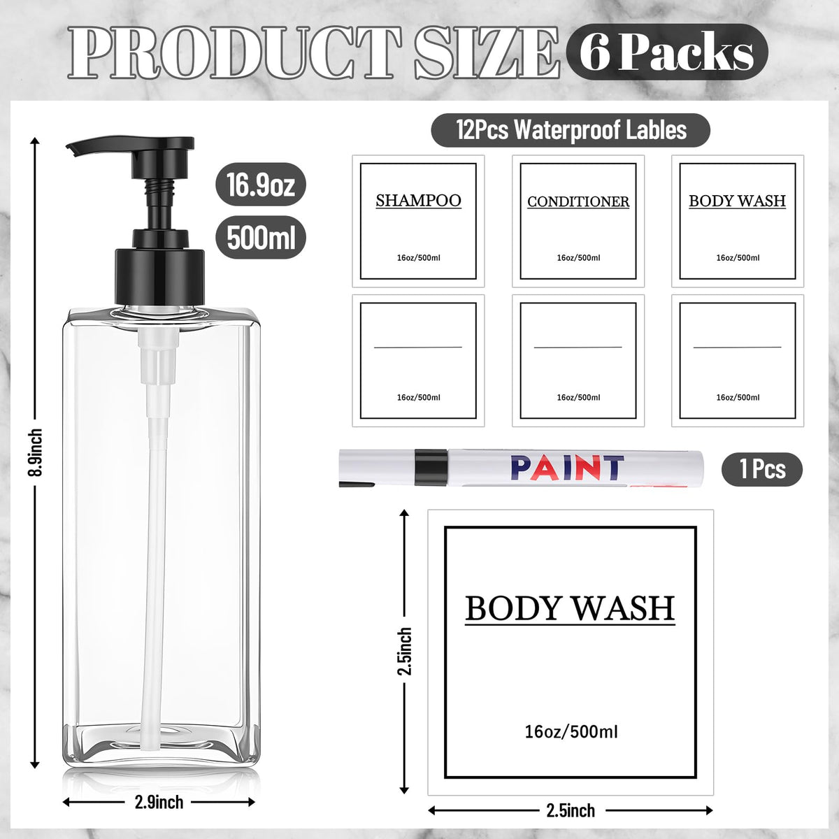 6 Pcs Shampoo and Conditioner Dispenser Bottles 16oz Modern Shower Soap Bottles with Pump (6 Count)