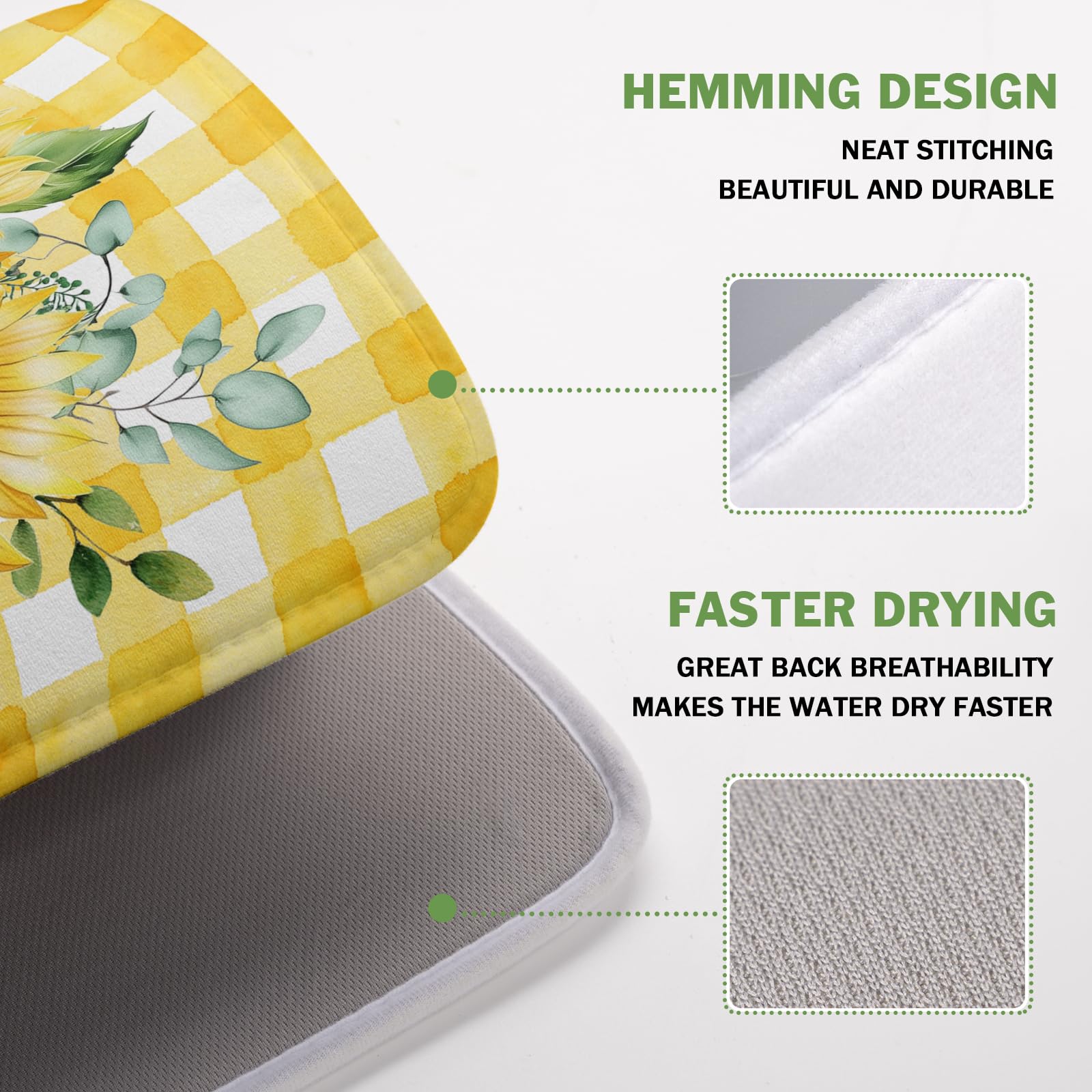 Sunflower Dish Drying Mat 16x18 Inch Absorbent Reversible Summer Sunflower Drying Mat Summer Plaid Dish Drying Rack Mat Yellow Summer Themed Dish Drainer Mat for Kitchen Counter Coffee Bar