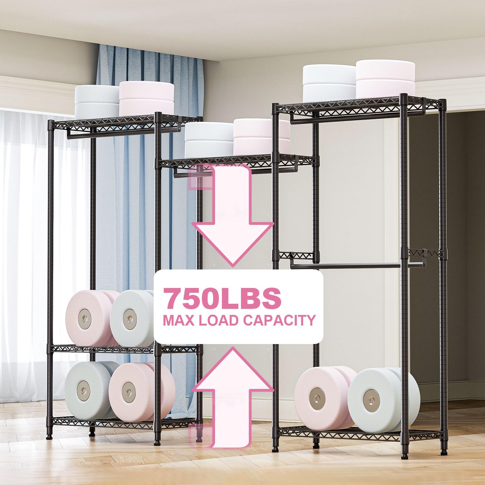 Heavy Duty Rolling Garment Rack 6 Tiers Adjustable Wire Shelving Clothes Rack with Rods Storage Closet Clothing Rack Black 15.7" D x 70.8" W x 76.5" H