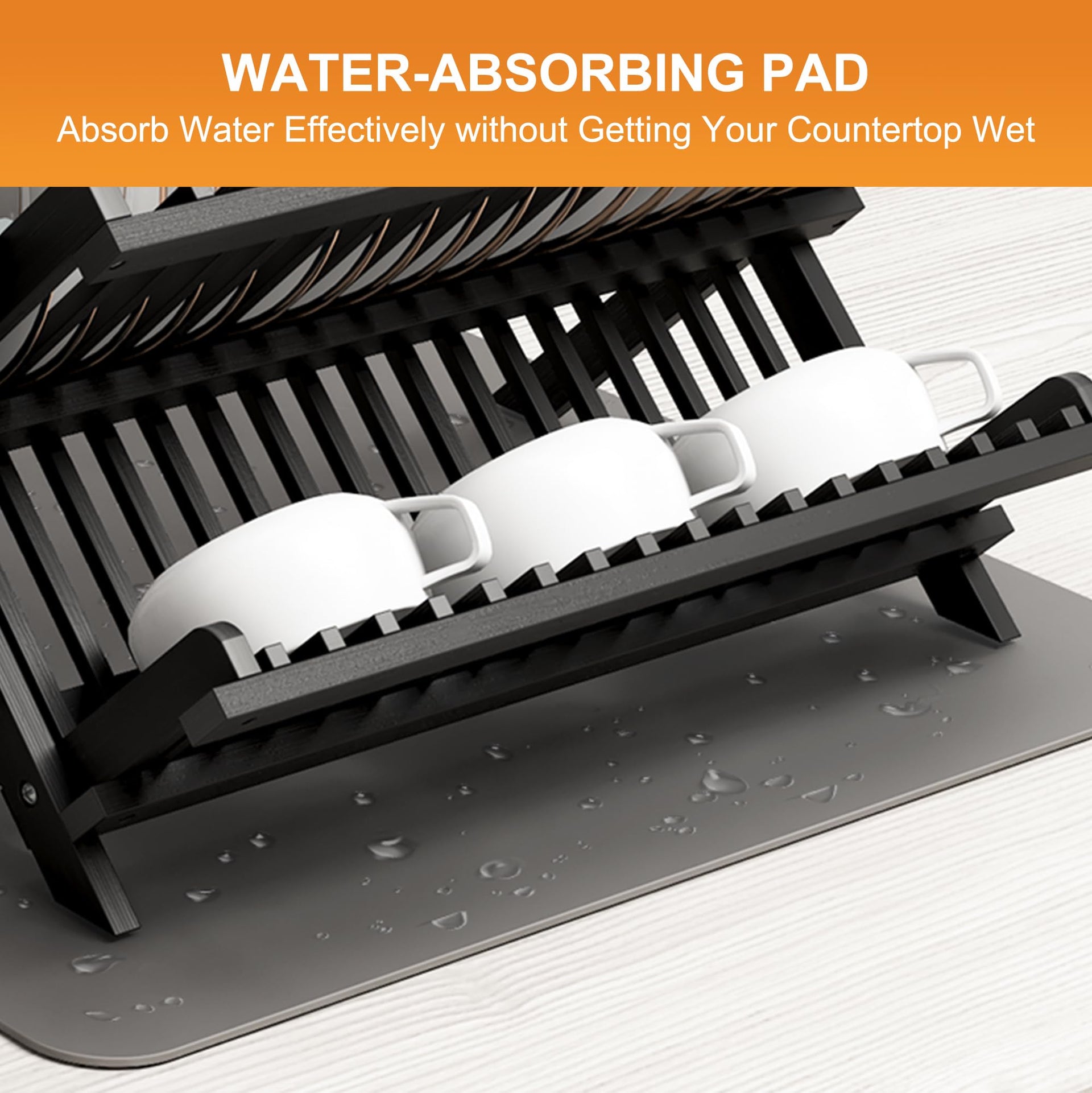 Black Bamboo Dish Drying Rack with Utensil Holder