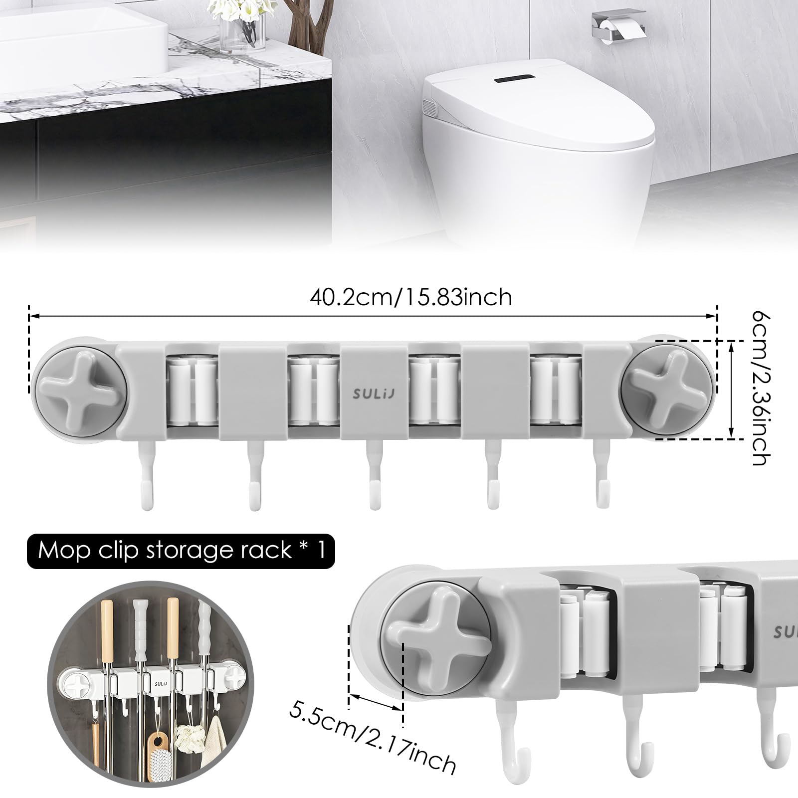Broom Holder Wall Mount Sturdy Mop and Broom Organizer with 4 Racks and 5 Hooks Vacuum Suction Cup Broom Mop Holder for Home