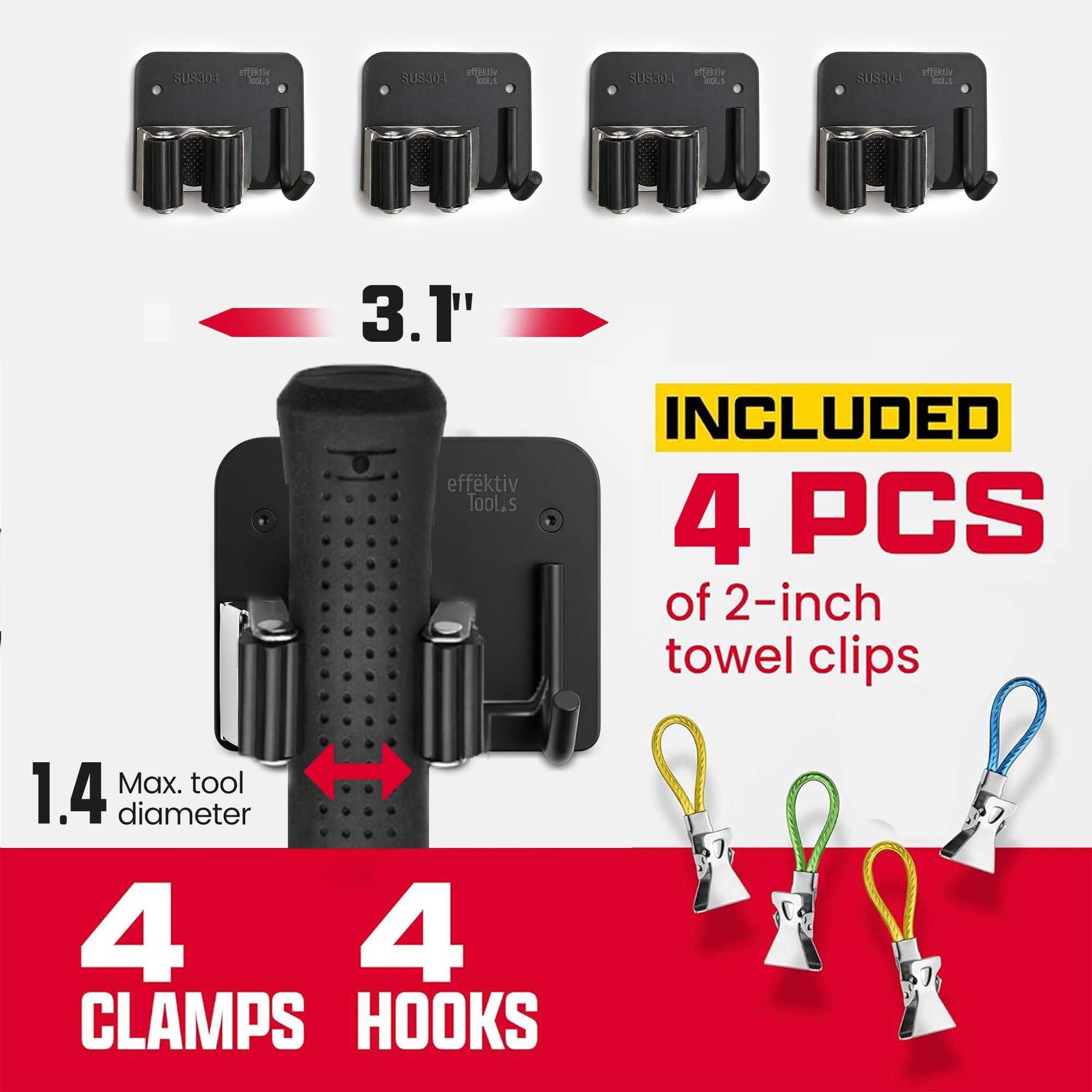 4 Pack Wall Mount Hanger for Brooms & Mops (4 Count)