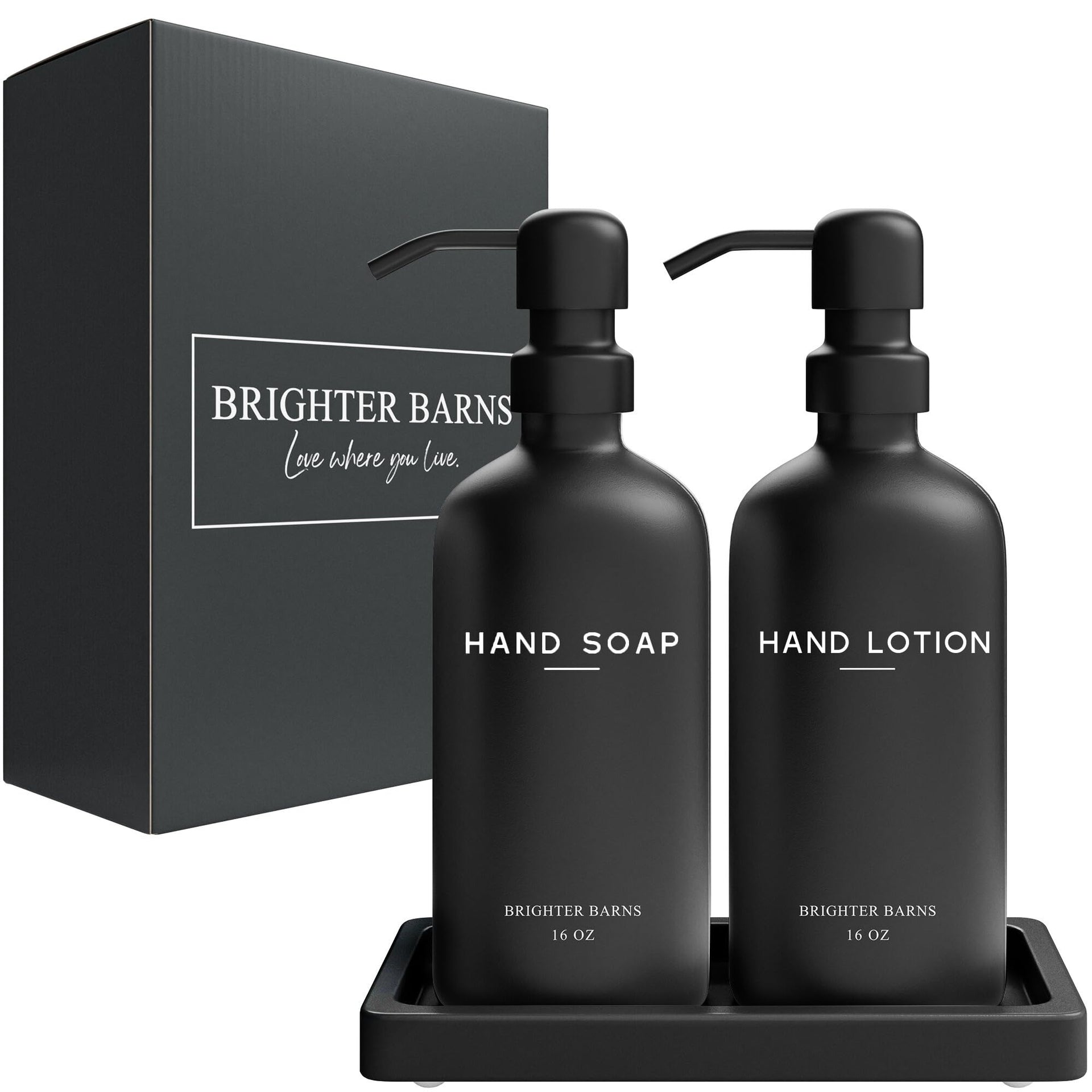 Black Glass Soap and Lotion Dispenser Set with Tray by Brighter Barns