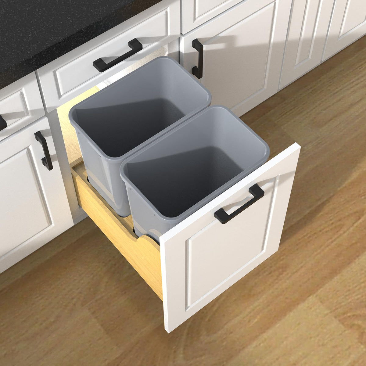 Double 35 Quart Pullout Under Cabinet Trash Cans Solid Wood Bottom
