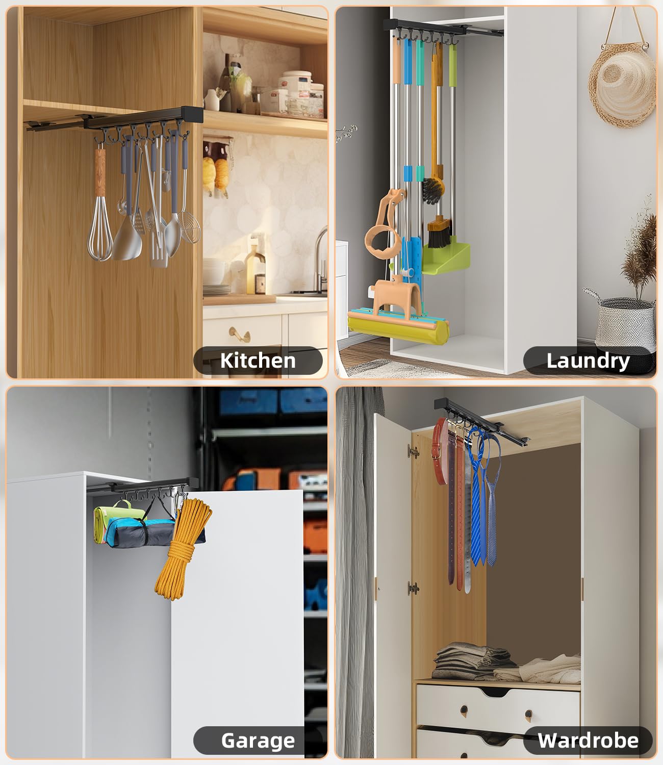 Pull Out Broom Holder With Adjustable Double Row Sliding Hook