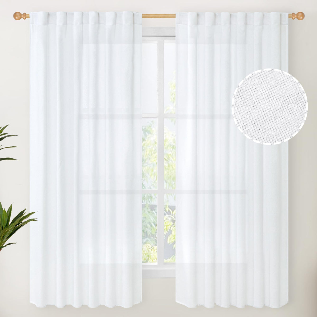 White Linen Curtains 52 X 63 Inch Length 2 Panels for Living Room (2 Count)
