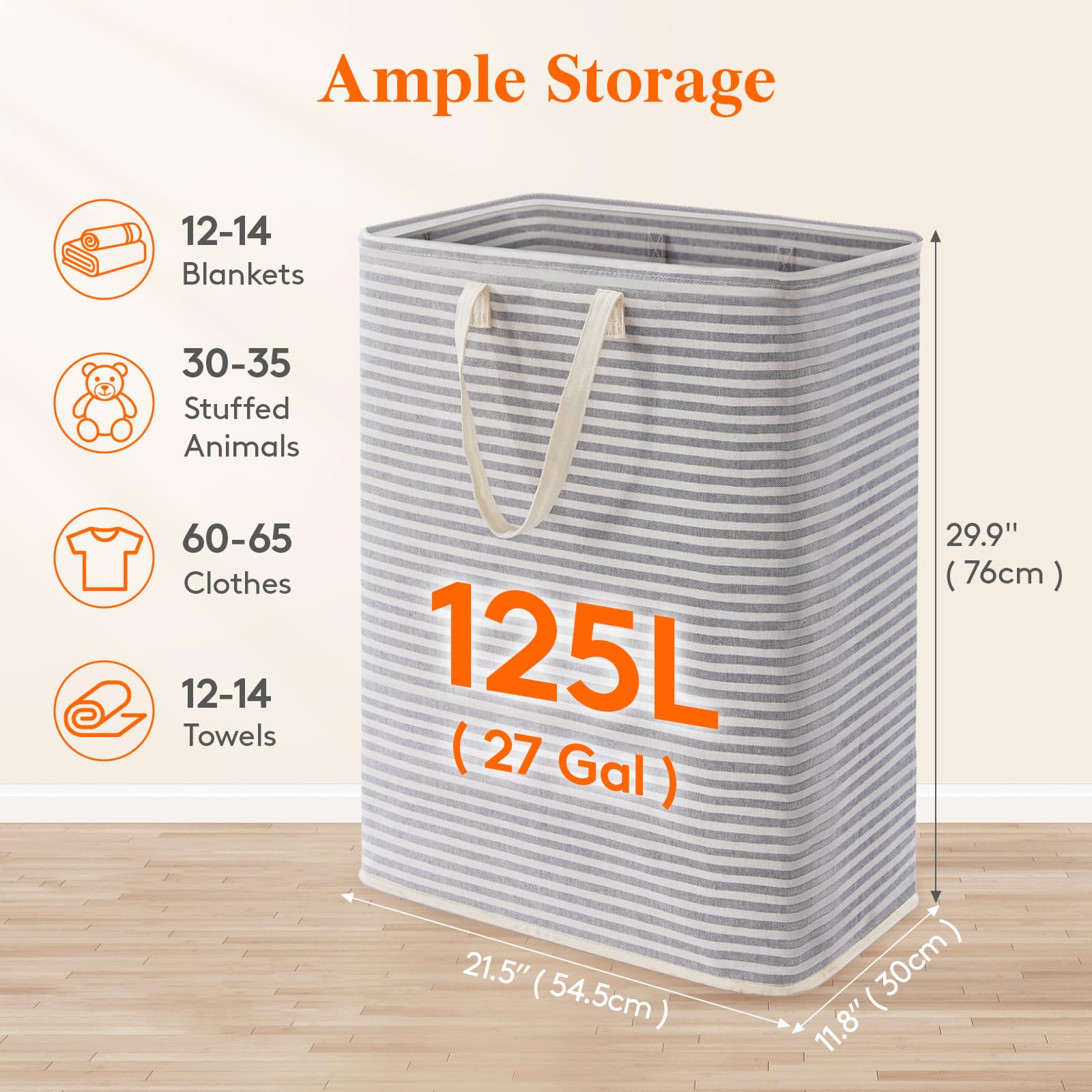 125L Large Collapsible Laundry Basket with Extended Handles