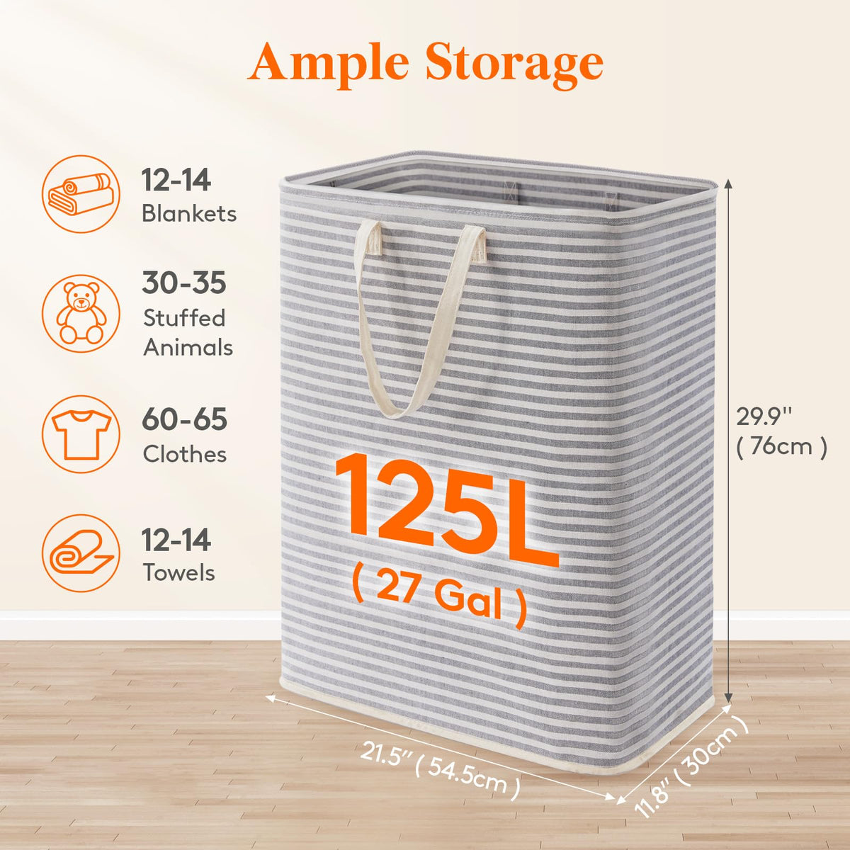 125L Large Collapsible Laundry Basket with Extended Handles