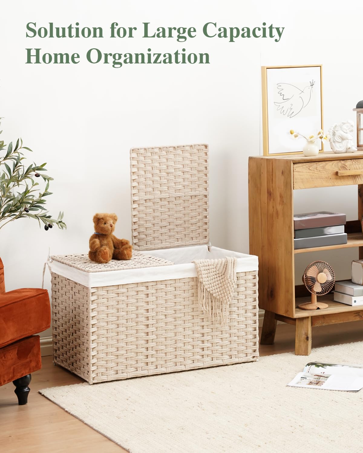 Storage Basket with Lid 160L Wicker Baskets Storage Light Khaki