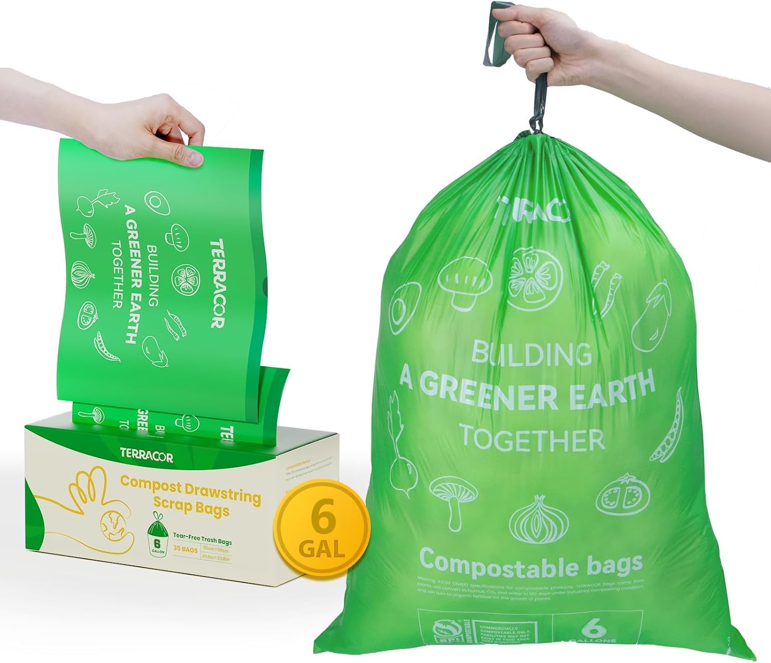 6 Gallon Compostable Trash Bags Drawstring (35 Count)