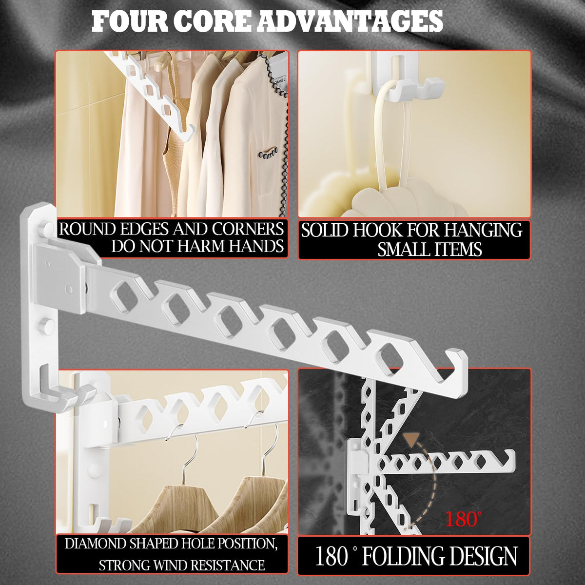 Wall Mount Coat Hanger Holder White Clothes Drying Organizer Rack Garment Hooks Aluminium Retractable Folding Indoor Wall Mounted Hanger for Laundry Room Bedroom White 2Pack with 80cm Rod