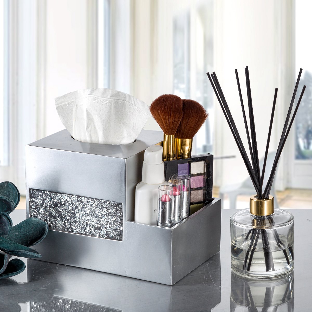Crackled Glass Tissue Box Cover Square Silver Decorative Multi
