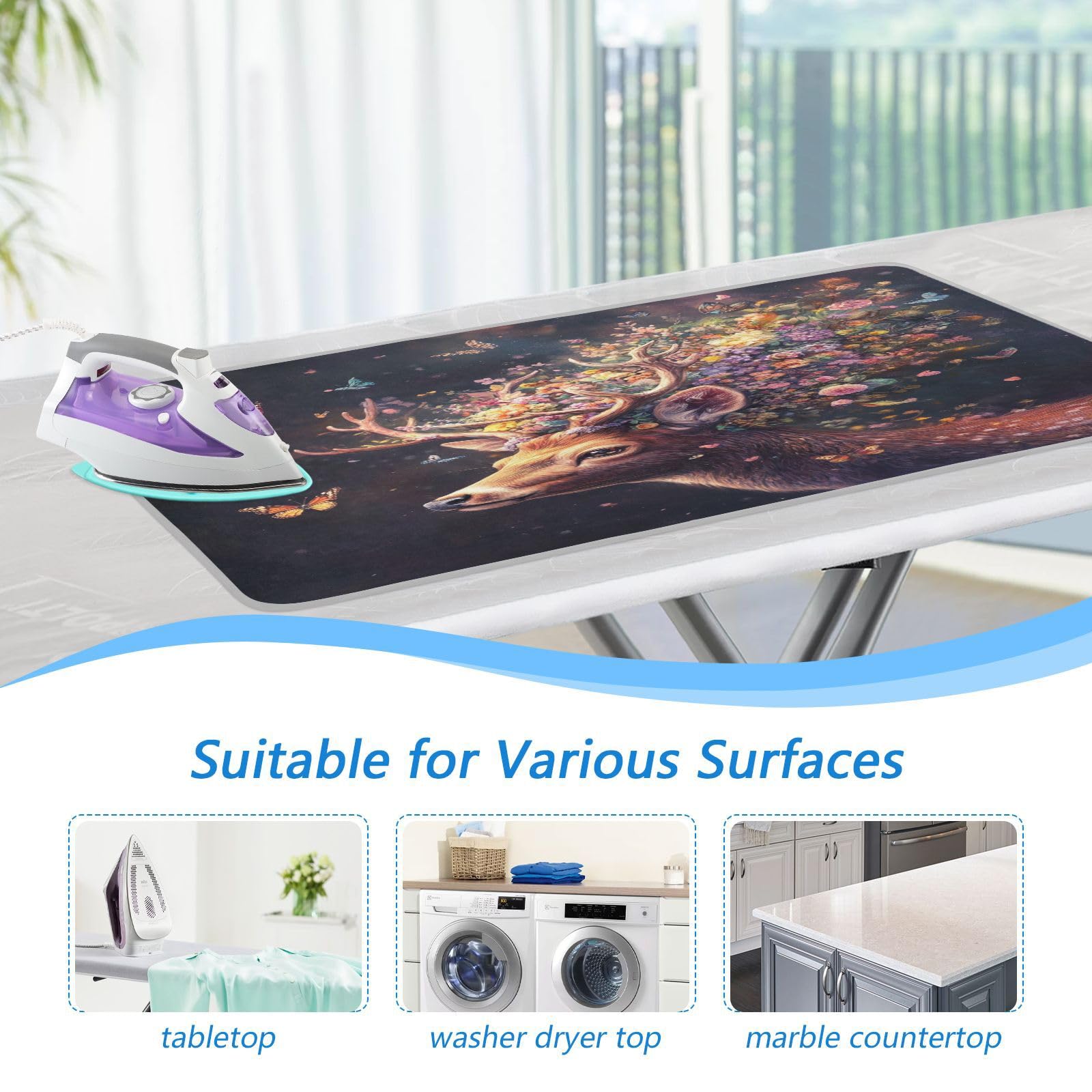 Deer with Butterfly Floral Ironing Mat Thickened Ironing Blanket Travel Portable Double